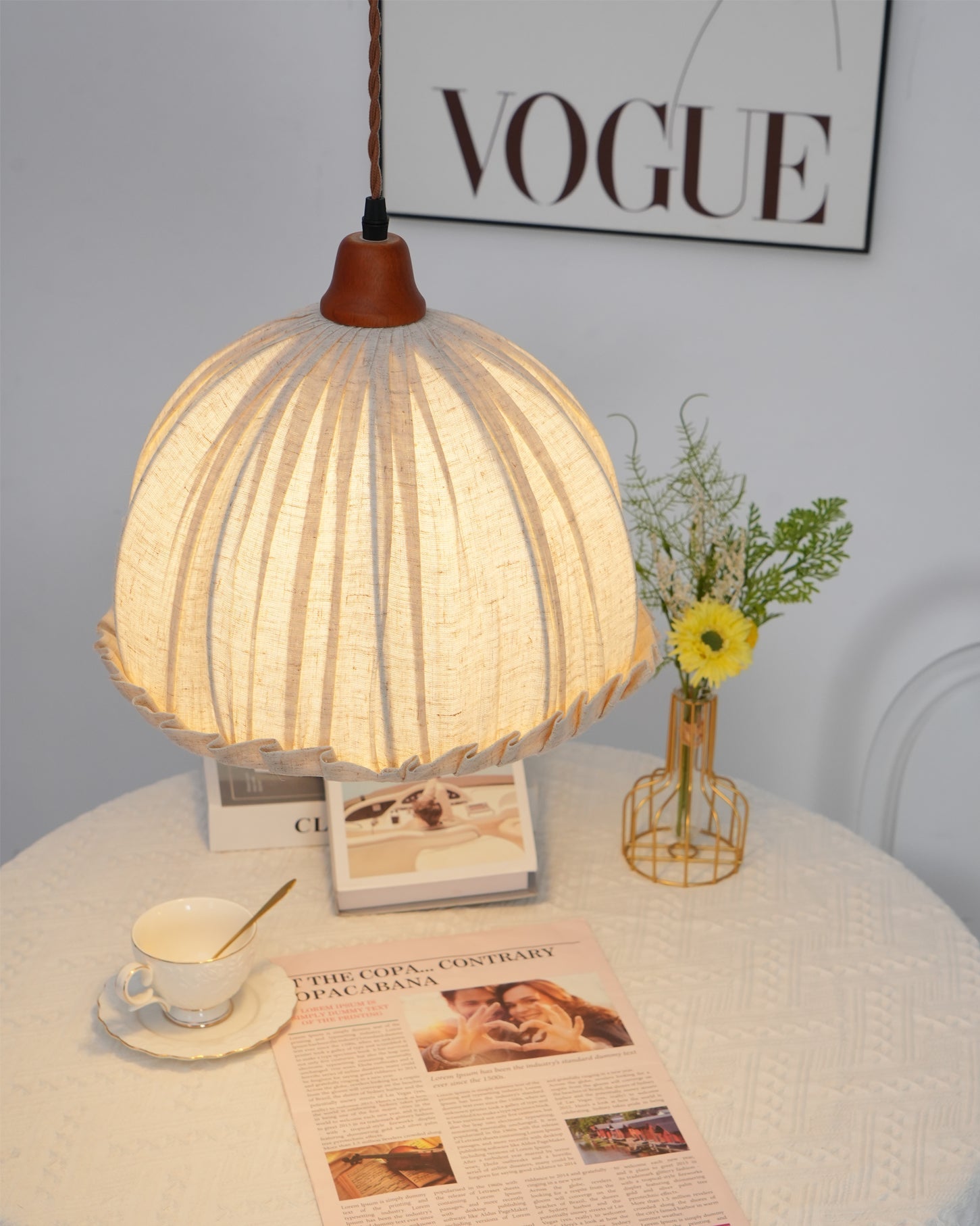 Pendant Lamp Wood Fabric 11.8 in Indoor Ceiling Lighting Beige Walnut Sage Green Modern Decor | Thomler