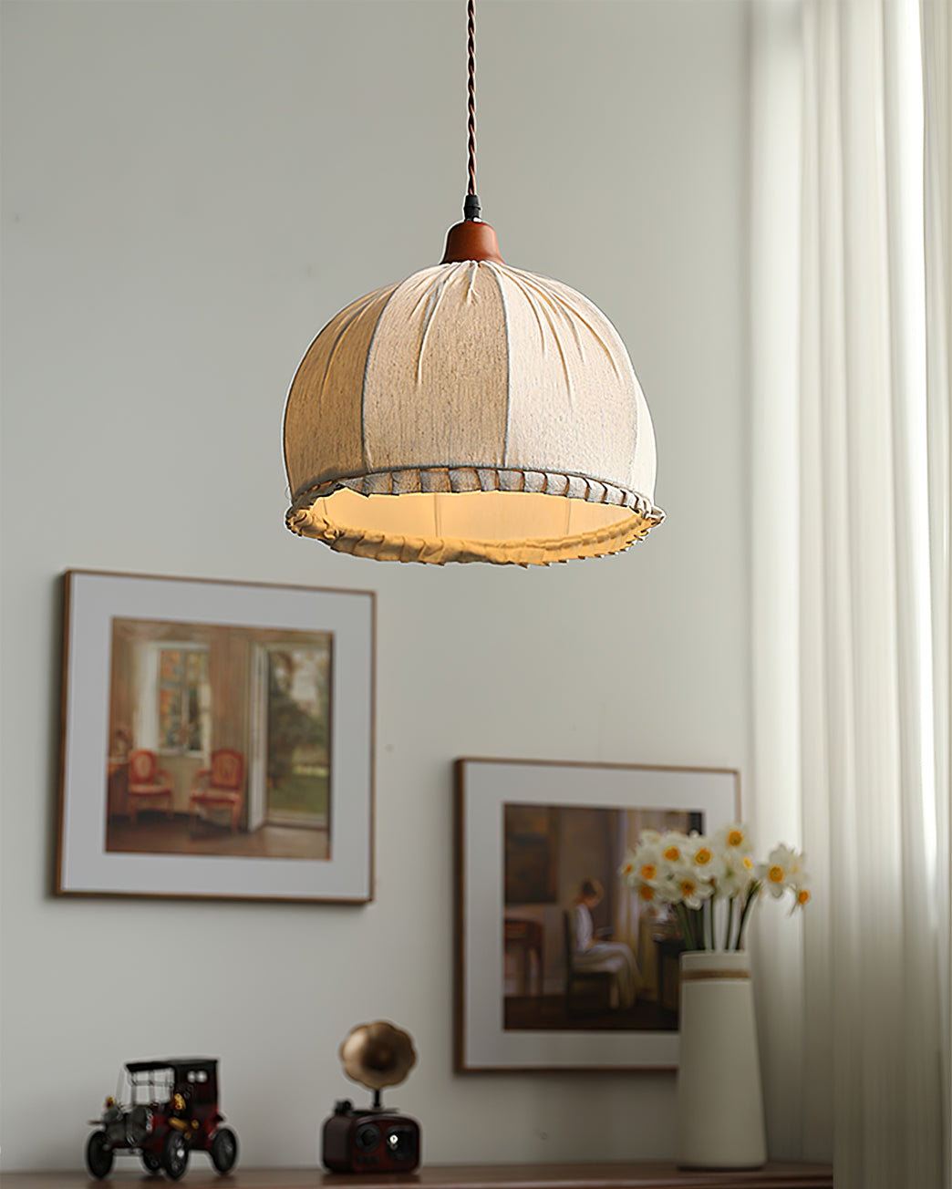 Pendant Lamp Wood Fabric 11.8 in Indoor Ceiling Lighting Beige Walnut Sage Green Modern Decor | Thomler