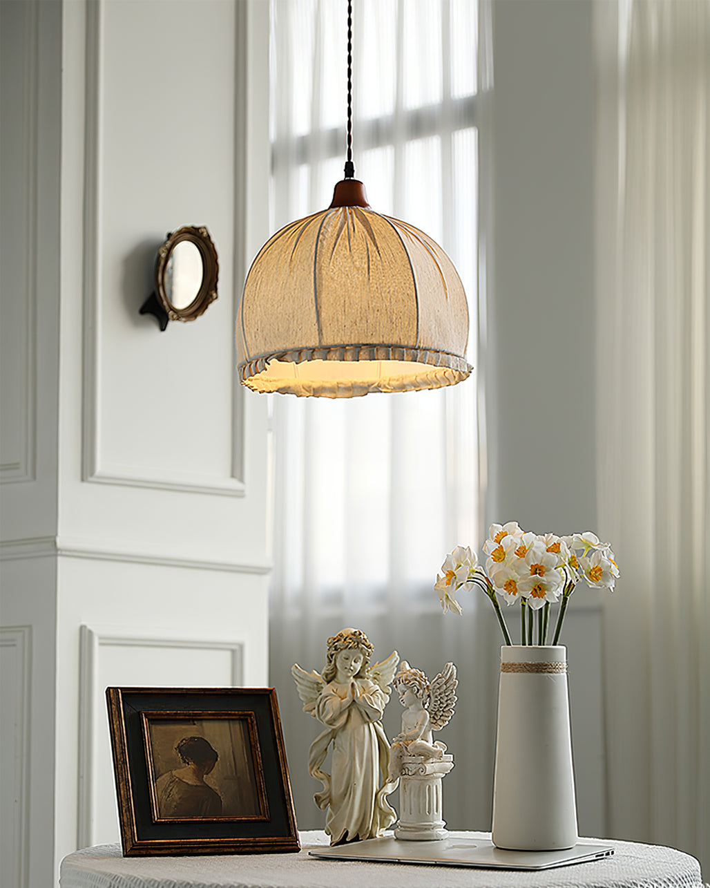 Pendant Lamp Wood Fabric 11.8 in Indoor Ceiling Lighting Beige Walnut Sage Green Modern Decor | Thomler