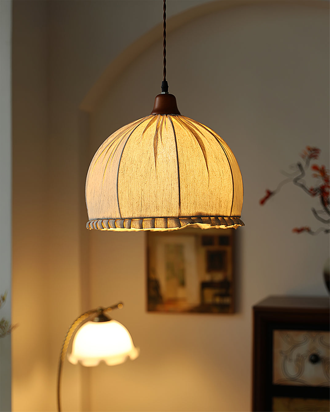 Pendant Lamp Wood Fabric 11.8 in Indoor Ceiling Lighting Beige Walnut Sage Green Modern Decor | Thomler