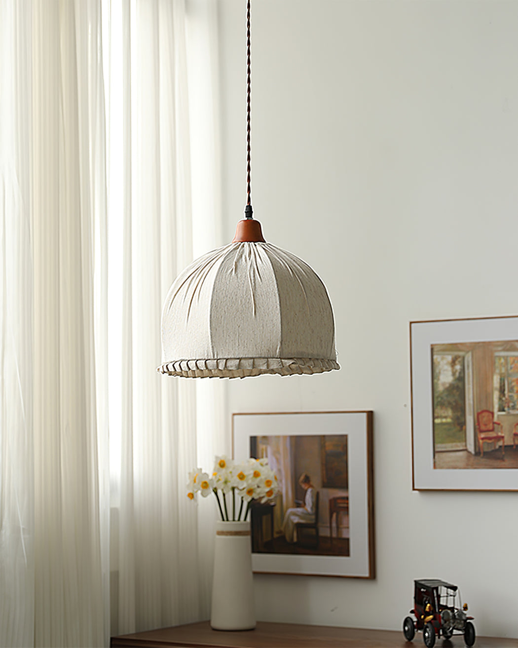 Pendant Lamp Wood Fabric 11.8 in Indoor Ceiling Lighting Beige Walnut Sage Green Modern Decor | Thomler