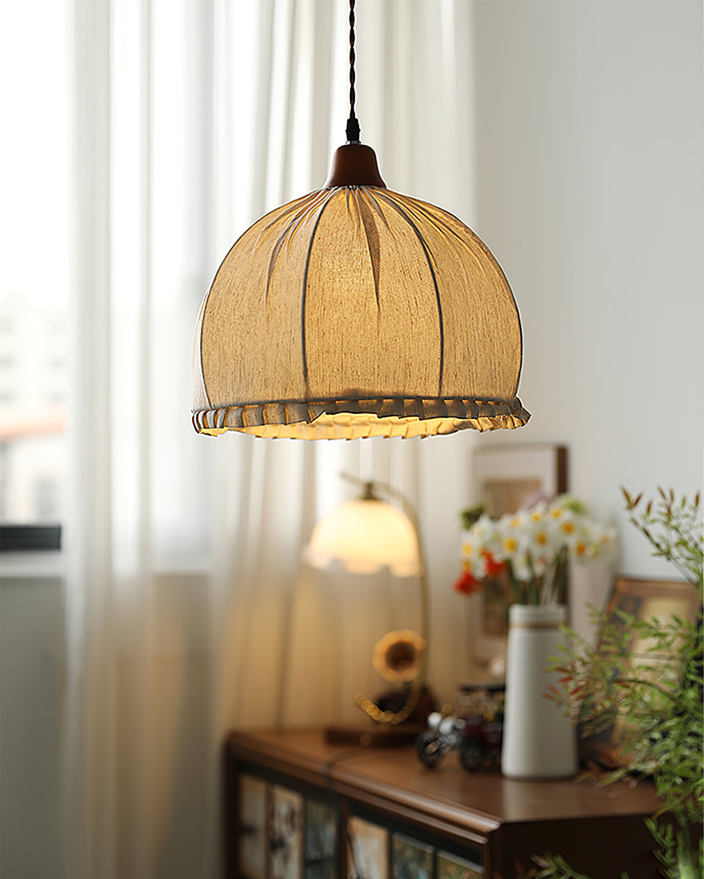 Pendant Lamp Wood Fabric 11.8 in Indoor Ceiling Lighting Beige Walnut Sage Green Modern Decor | Thomler