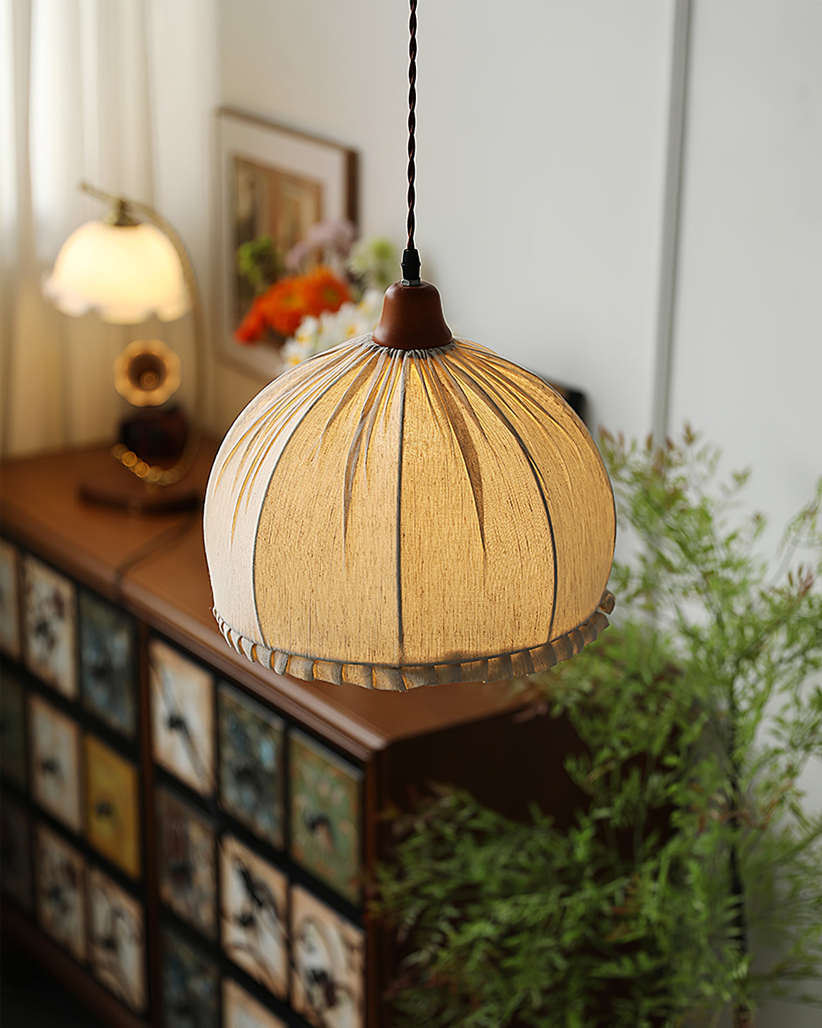 Pendant Lamp Wood Fabric 11.8 in Indoor Ceiling Lighting Beige Walnut Sage Green Modern Decor | Thomler