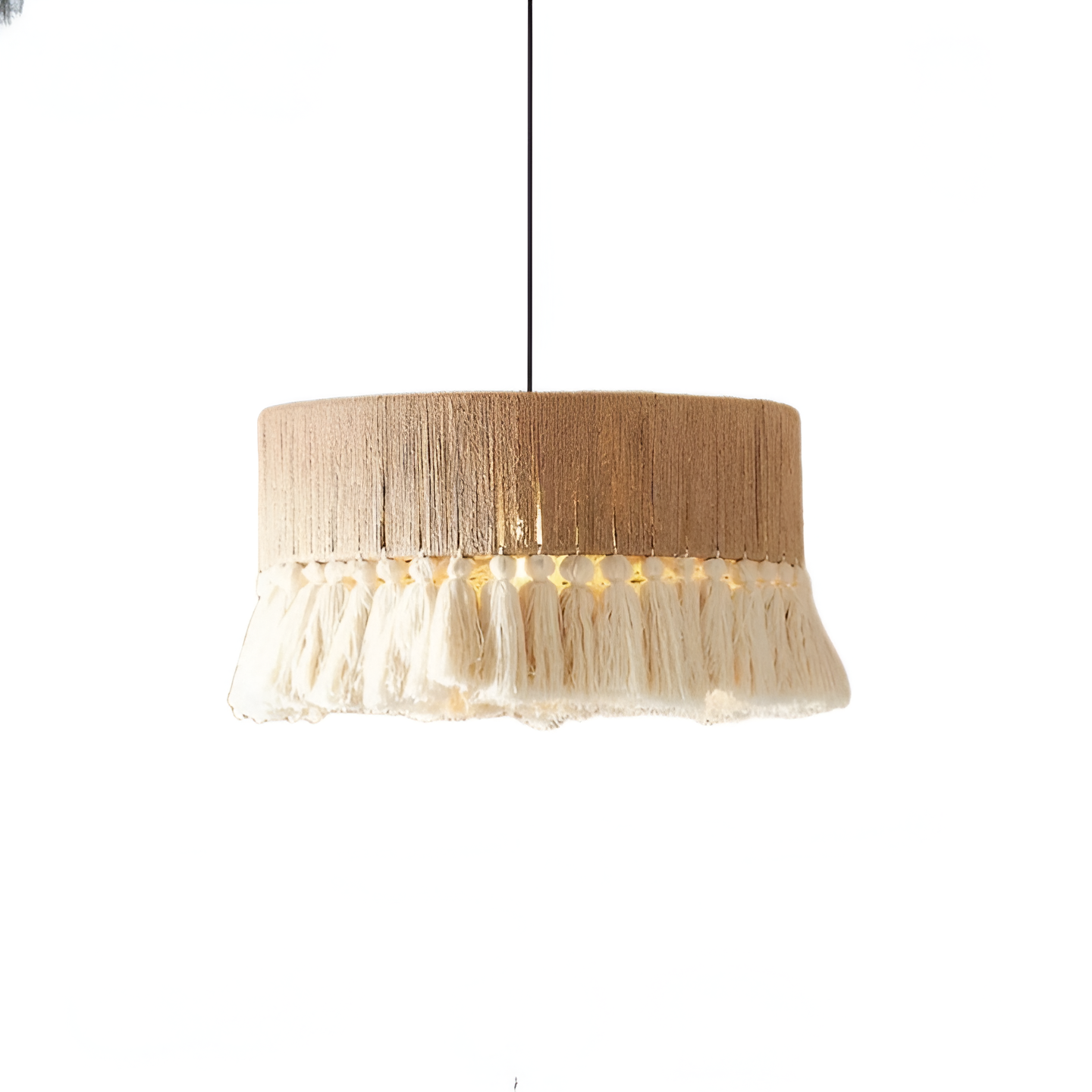 Pendant Light Hemp Rope 19.7 in Bohemian Beige Dining Room Bedroom Tassel Hanging Ceiling Lamp Woven Fabric Shade Ambient Lighting | Thomler