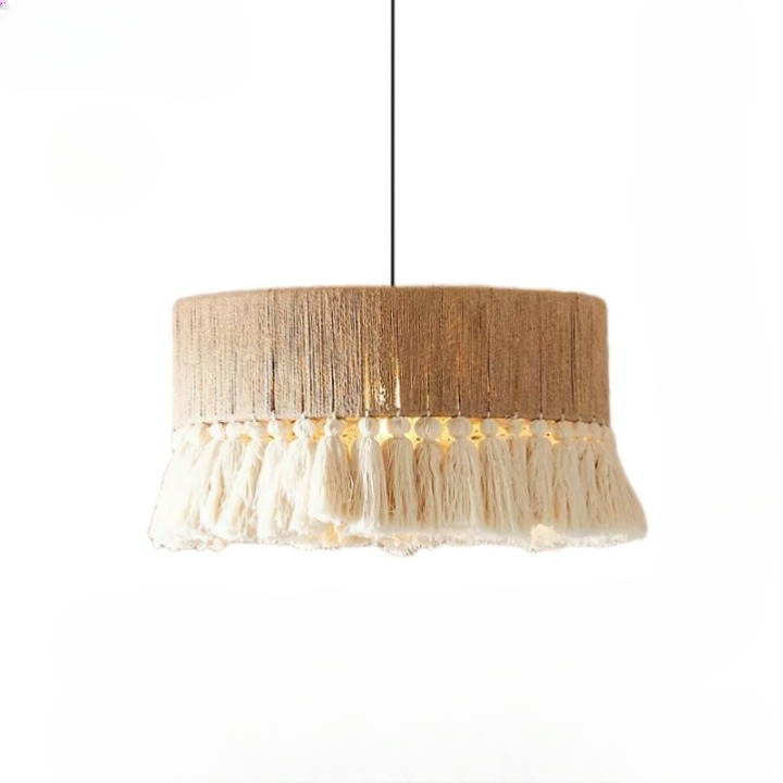 Pendant Light Hemp Rope 19.7 in Bohemian Beige Dining Room Bedroom Tassel Hanging Ceiling Lamp Woven Fabric Shade Ambient Lighting | Thomler