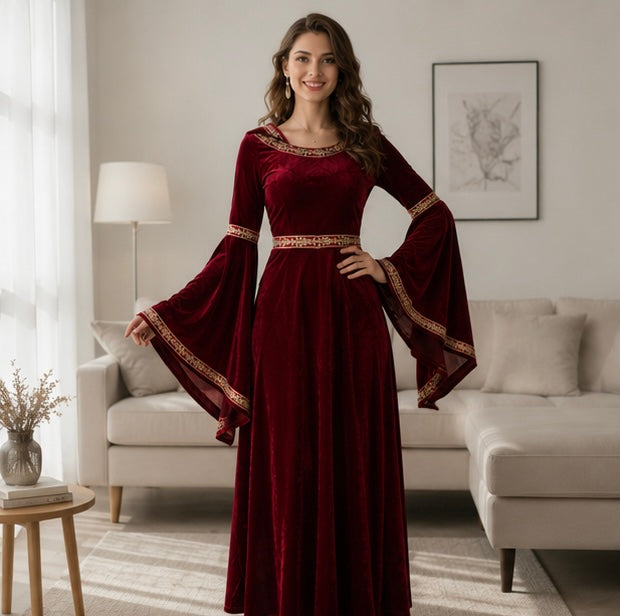 Hooded Medieval Fantasy Gown – Long Sleeve Witch Halloween Dress for Party, Cosplay & Stage | Thomler