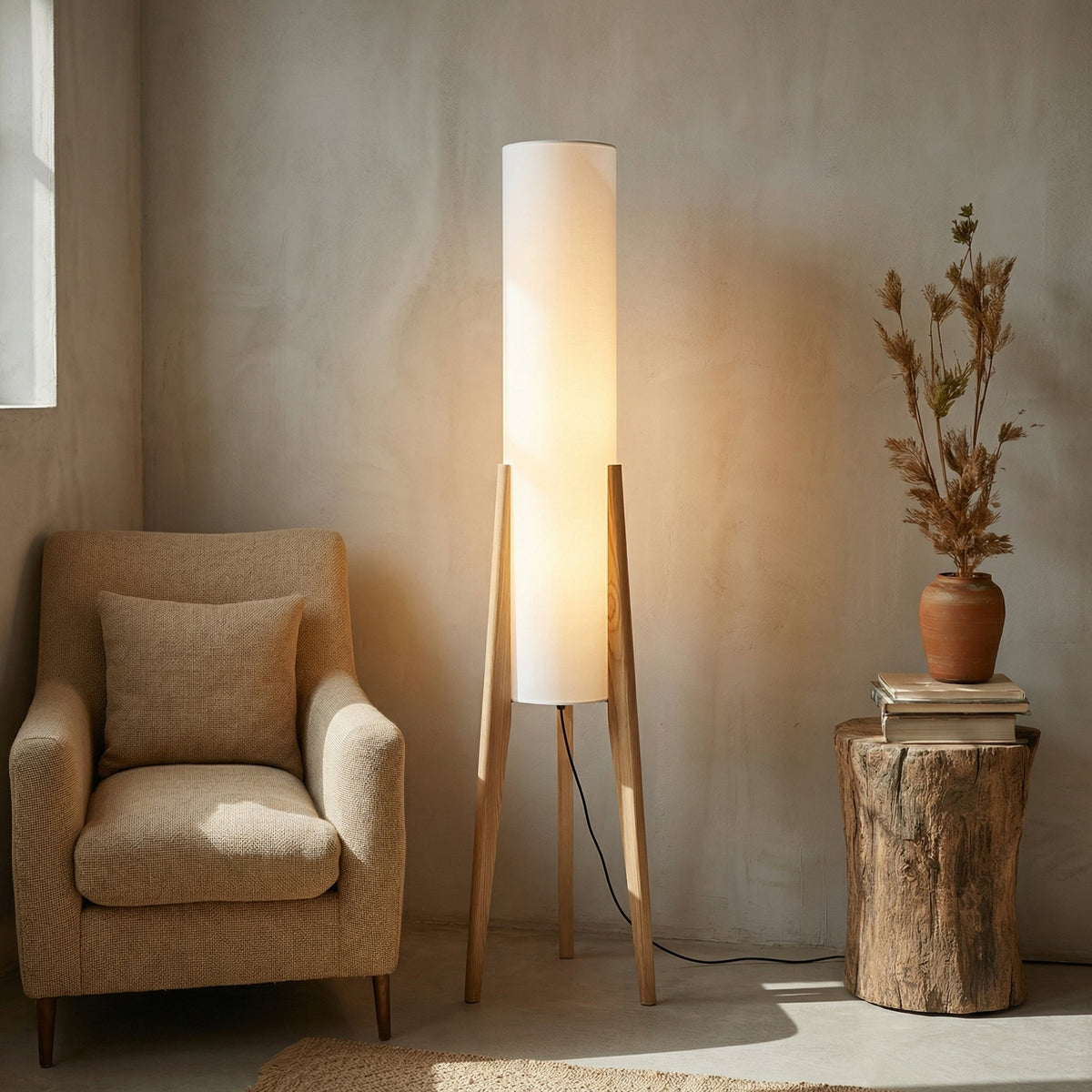 Sculptural Wood Floor Lamp with Brass Accents & Fabric Shade for Living Room, Bedroom & Office | Thomler