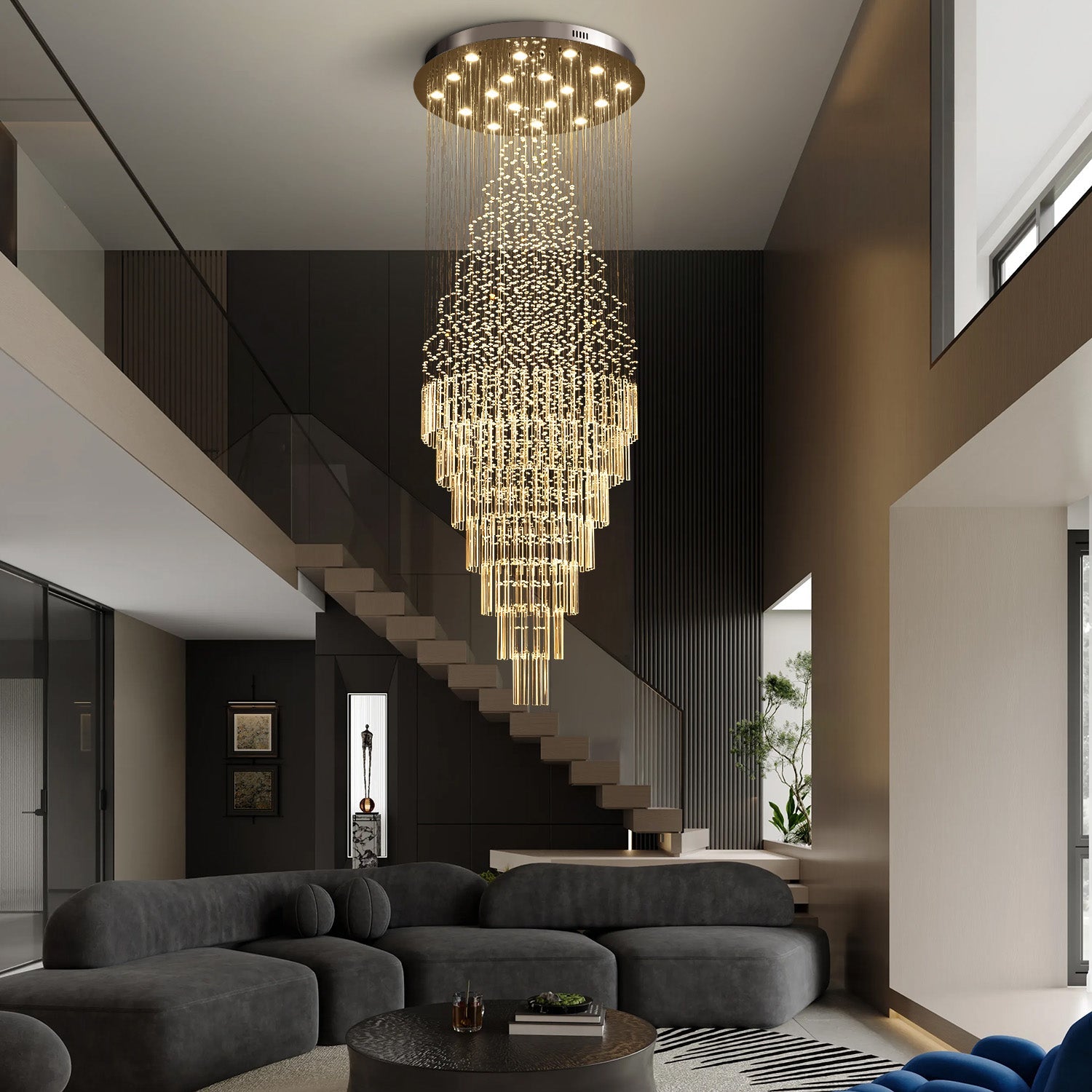 Cascading Crystal Tiered Chandelier for Foyer & Staircase – Adjustable Height Statement Lighting Fixture | Thomler