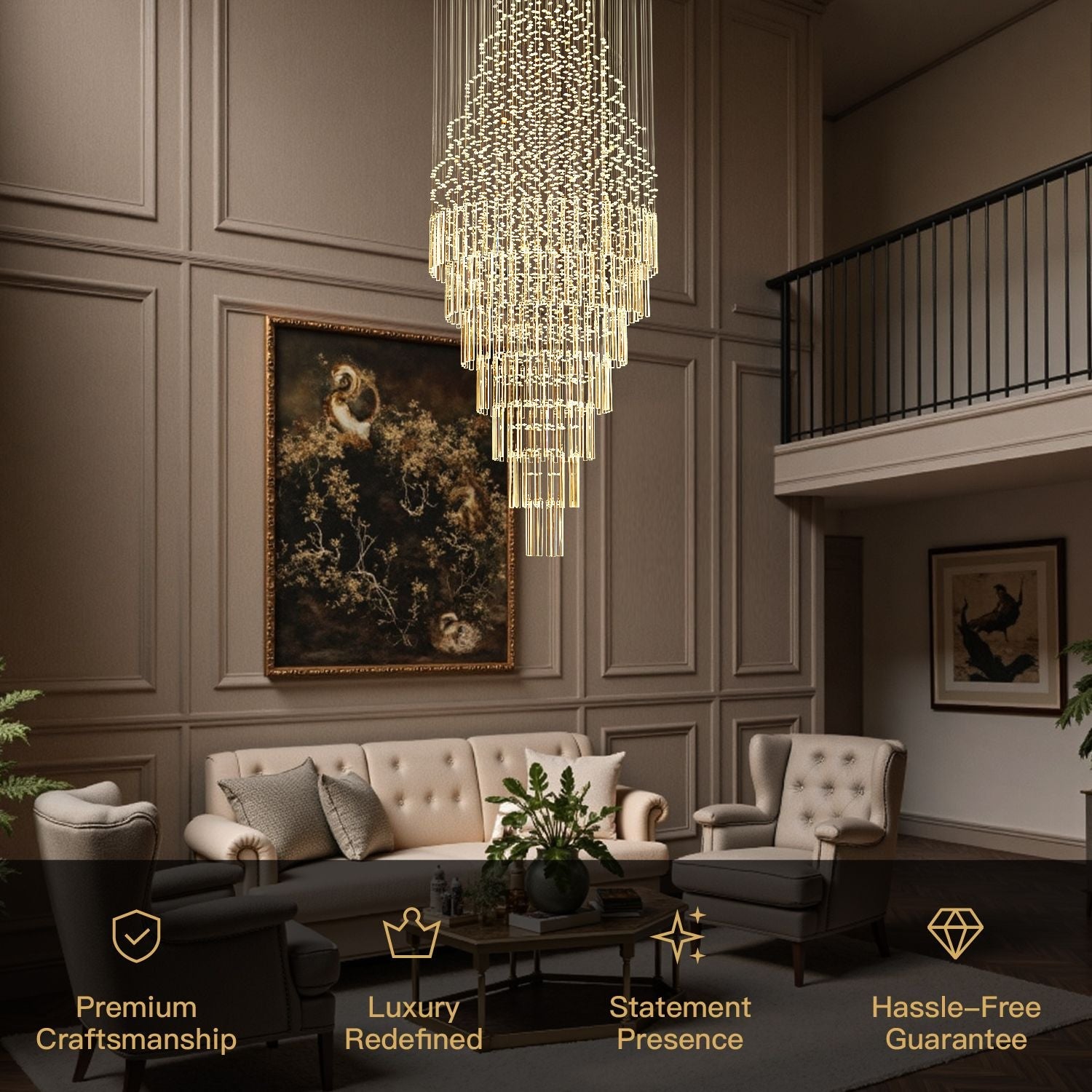 Cascading Crystal Tiered Chandelier for Foyer & Staircase – Adjustable Height Statement Lighting Fixture | Thomler