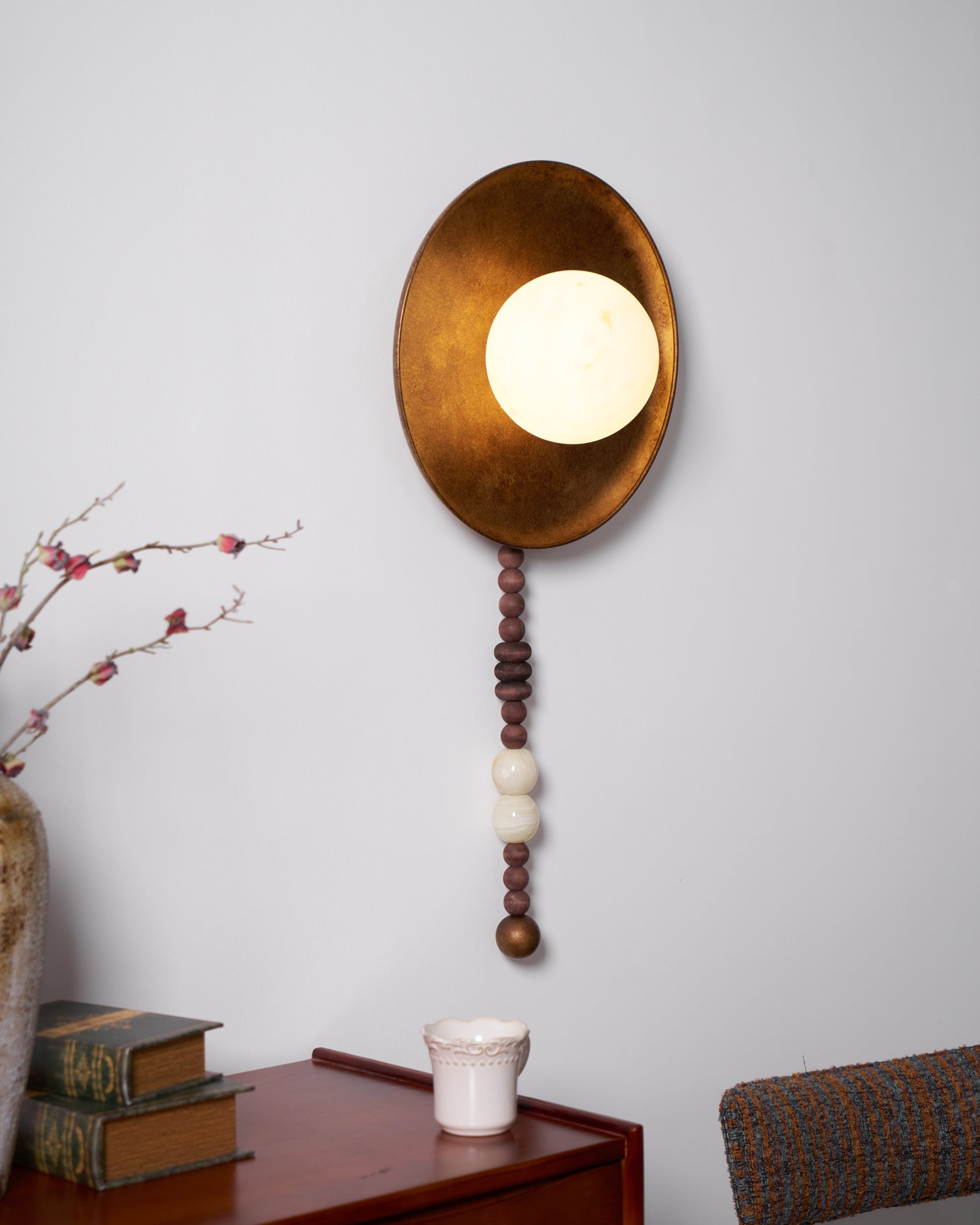 Handcrafted Glass Sconce with Bronze Metalwork and Wood Accents for Cozy Bedroom Hallway Living Room Ambient Fixture 10-Inch or 16-Inch Shad | Thomler
