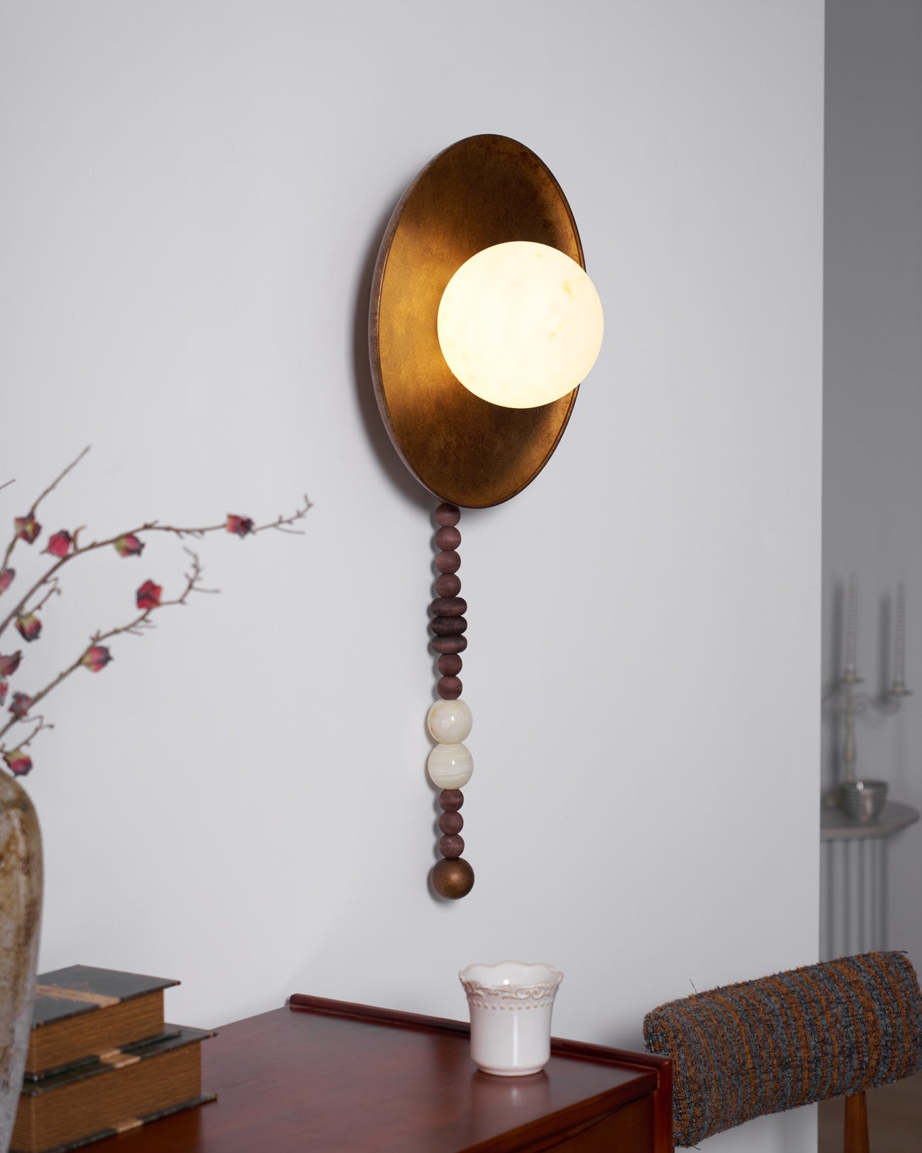 Handcrafted Glass Sconce with Bronze Metalwork and Wood Accents for Cozy Bedroom Hallway Living Room Ambient Fixture 10-Inch or 16-Inch Shad | Thomler