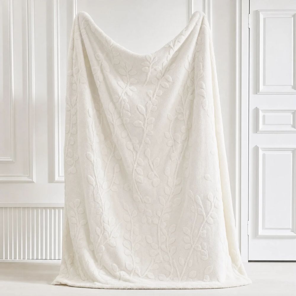 Reversible Sherpa Throw Blanket with Jacquard Botanical Pattern for Couch & Bed | Thomler