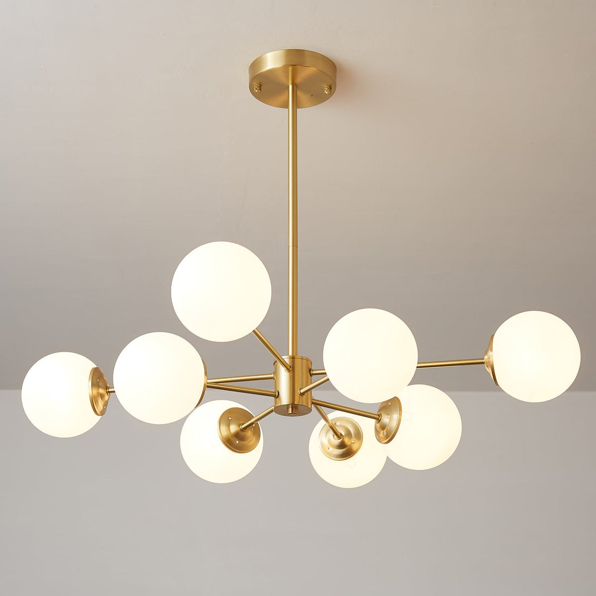 Brass Globe Chandelier with White Glass Spheres – Modern Tiered Ceiling Light for Dining Room & Entryway | Thomler