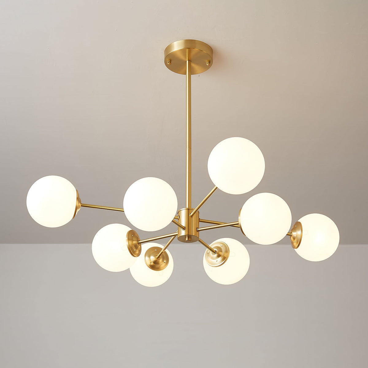 Brass Globe Chandelier with White Glass Spheres – Modern Tiered Ceiling Light for Dining Room & Entryway | Thomler