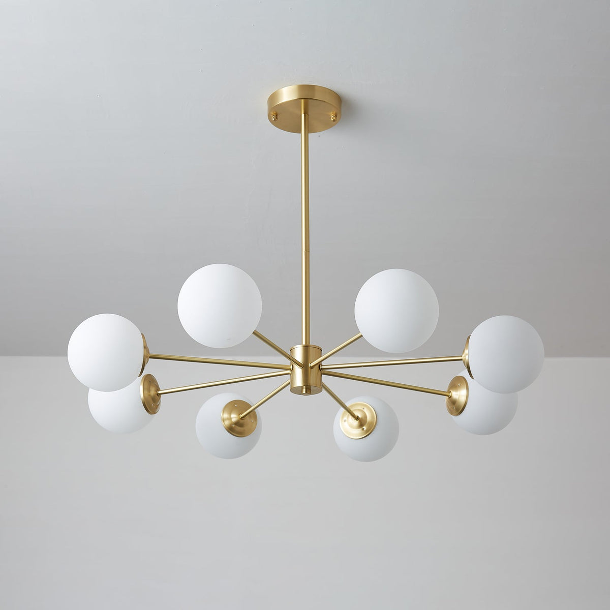 Brass Globe Chandelier with White Glass Spheres – Modern Tiered Ceiling Light for Dining Room & Entryway | Thomler