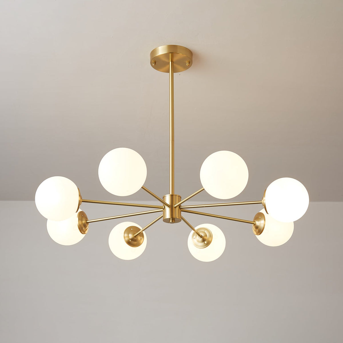 Brass Globe Chandelier with White Glass Spheres – Modern Tiered Ceiling Light for Dining Room & Entryway | Thomler