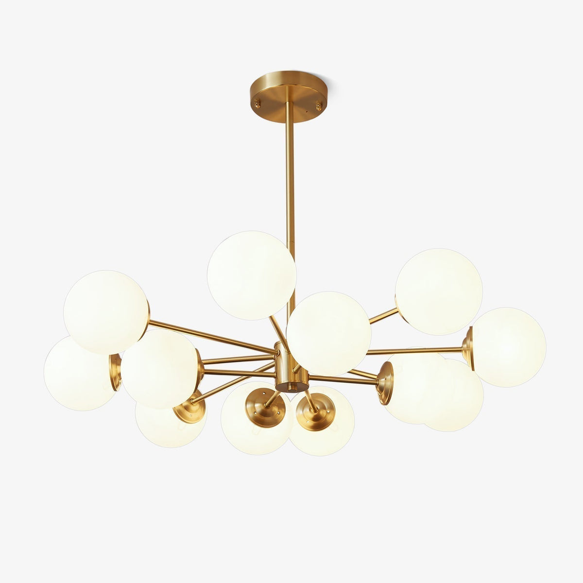 Brass Globe Chandelier with White Glass Spheres – Modern Tiered Ceiling Light for Dining Room & Entryway | Thomler