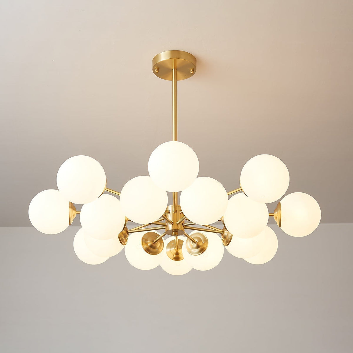 Brass Globe Chandelier with White Glass Spheres – Modern Tiered Ceiling Light for Dining Room & Entryway | Thomler