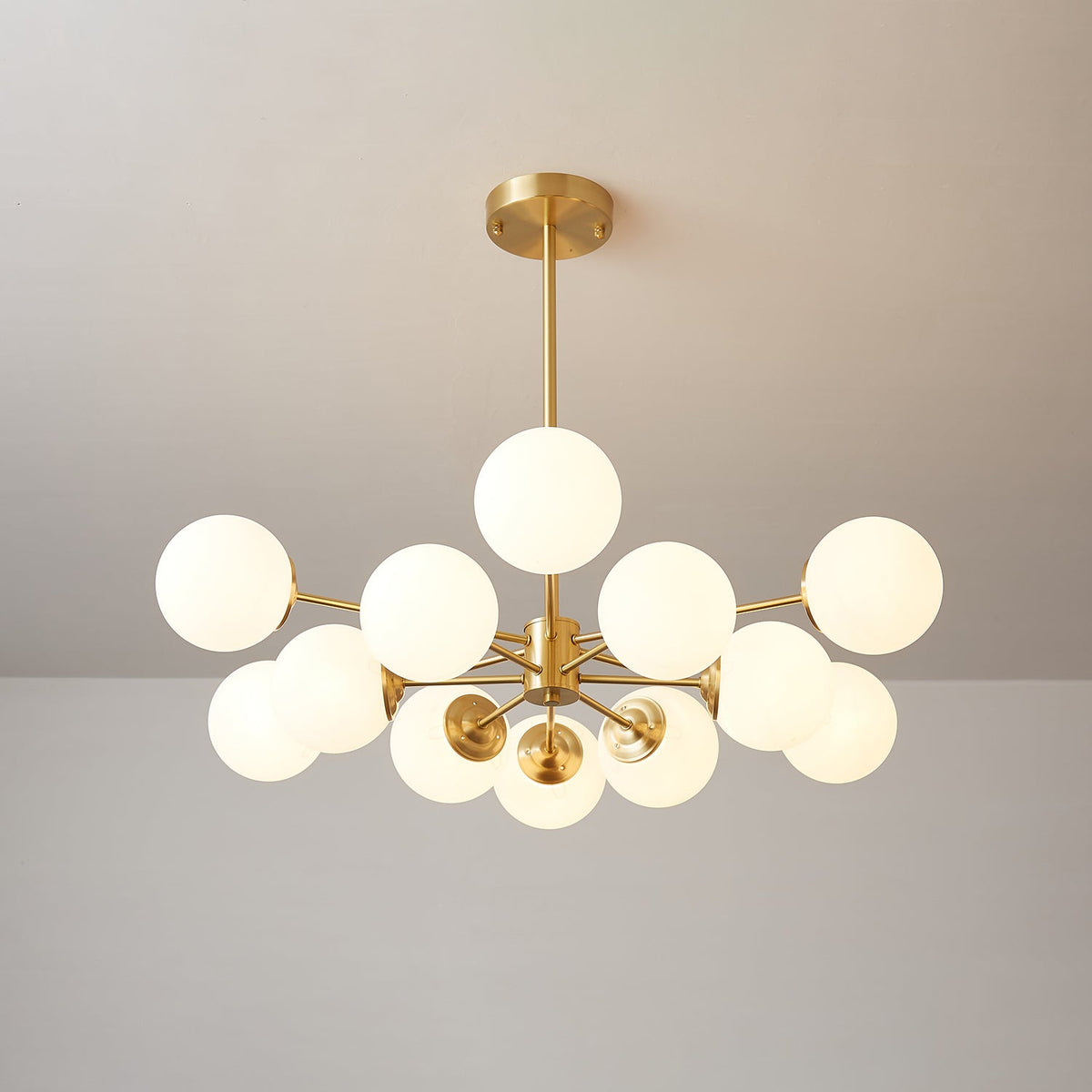 Brass Globe Chandelier with White Glass Spheres – Modern Tiered Ceiling Light for Dining Room & Entryway | Thomler