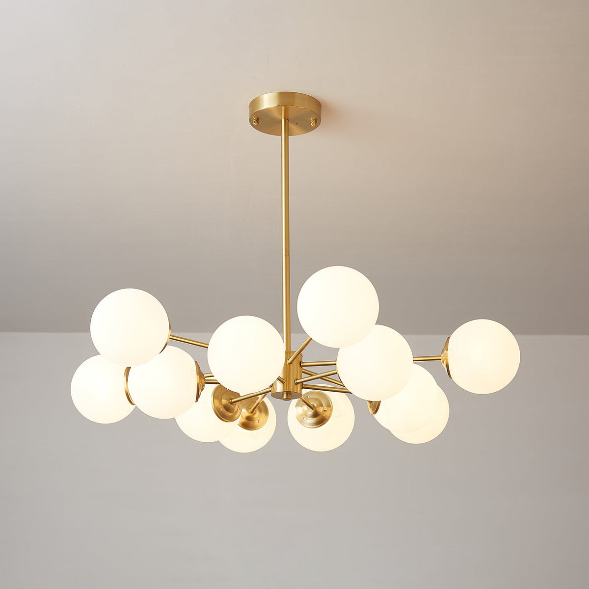 Brass Globe Chandelier with White Glass Spheres – Modern Tiered Ceiling Light for Dining Room & Entryway | Thomler