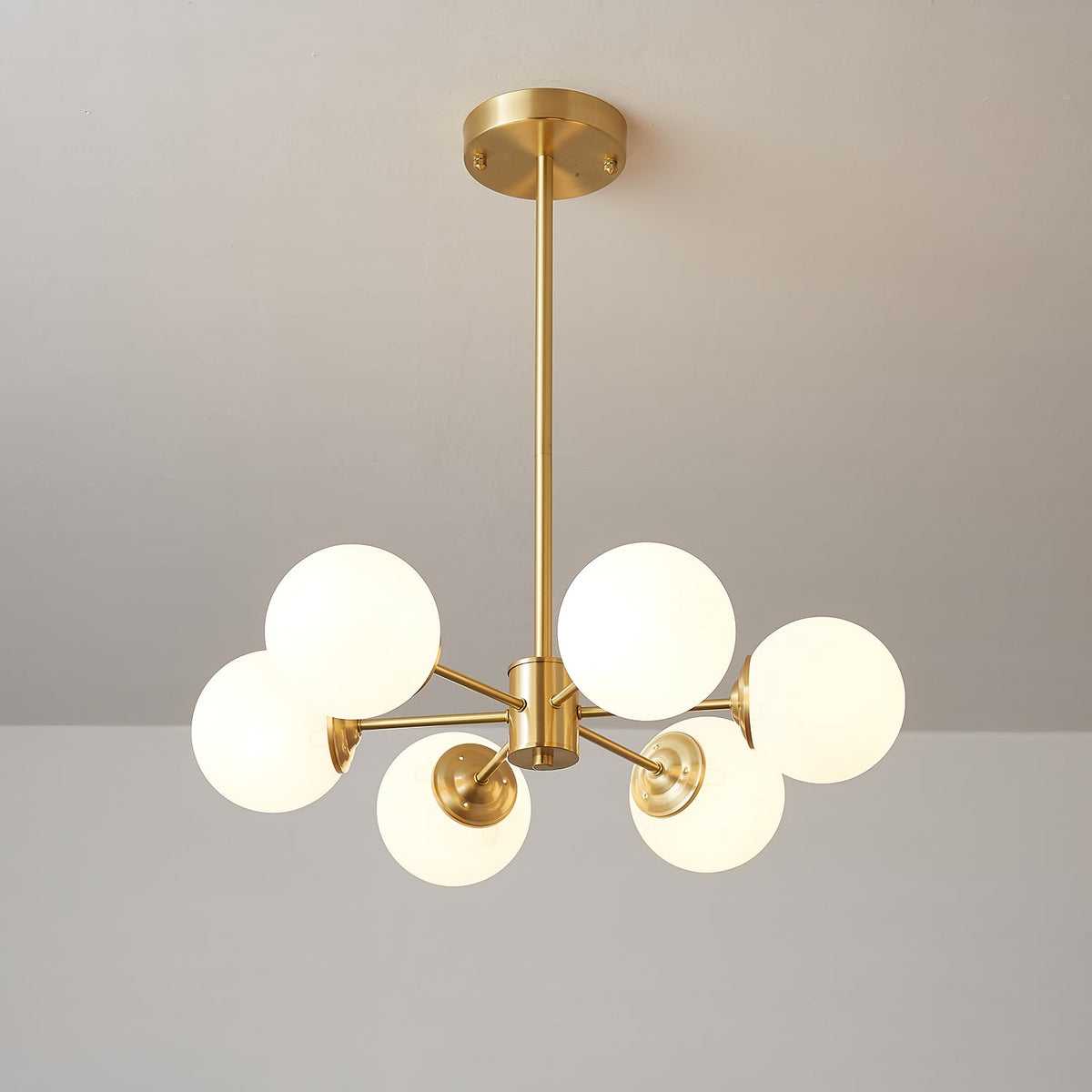 Brass Globe Chandelier with White Glass Spheres – Modern Tiered Ceiling Light for Dining Room & Entryway | Thomler