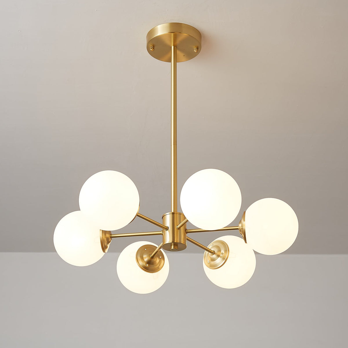 Brass Globe Chandelier with White Glass Spheres – Modern Tiered Ceiling Light for Dining Room & Entryway | Thomler