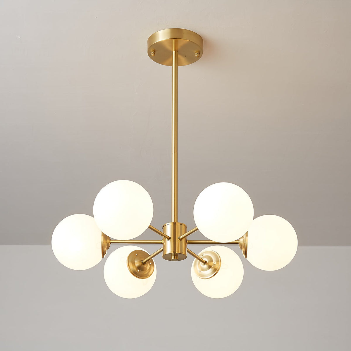 Brass Globe Chandelier with White Glass Spheres – Modern Tiered Ceiling Light for Dining Room & Entryway | Thomler