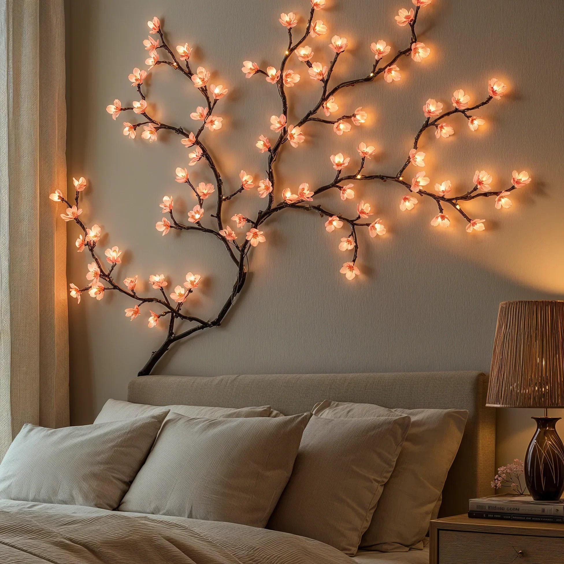 Pink Cherry Blossom LED String Light Vine for Indoor Home Decor – 63-Inch Hanging Floral Lights with 72 Warm White & Blush LEDs | Thomler