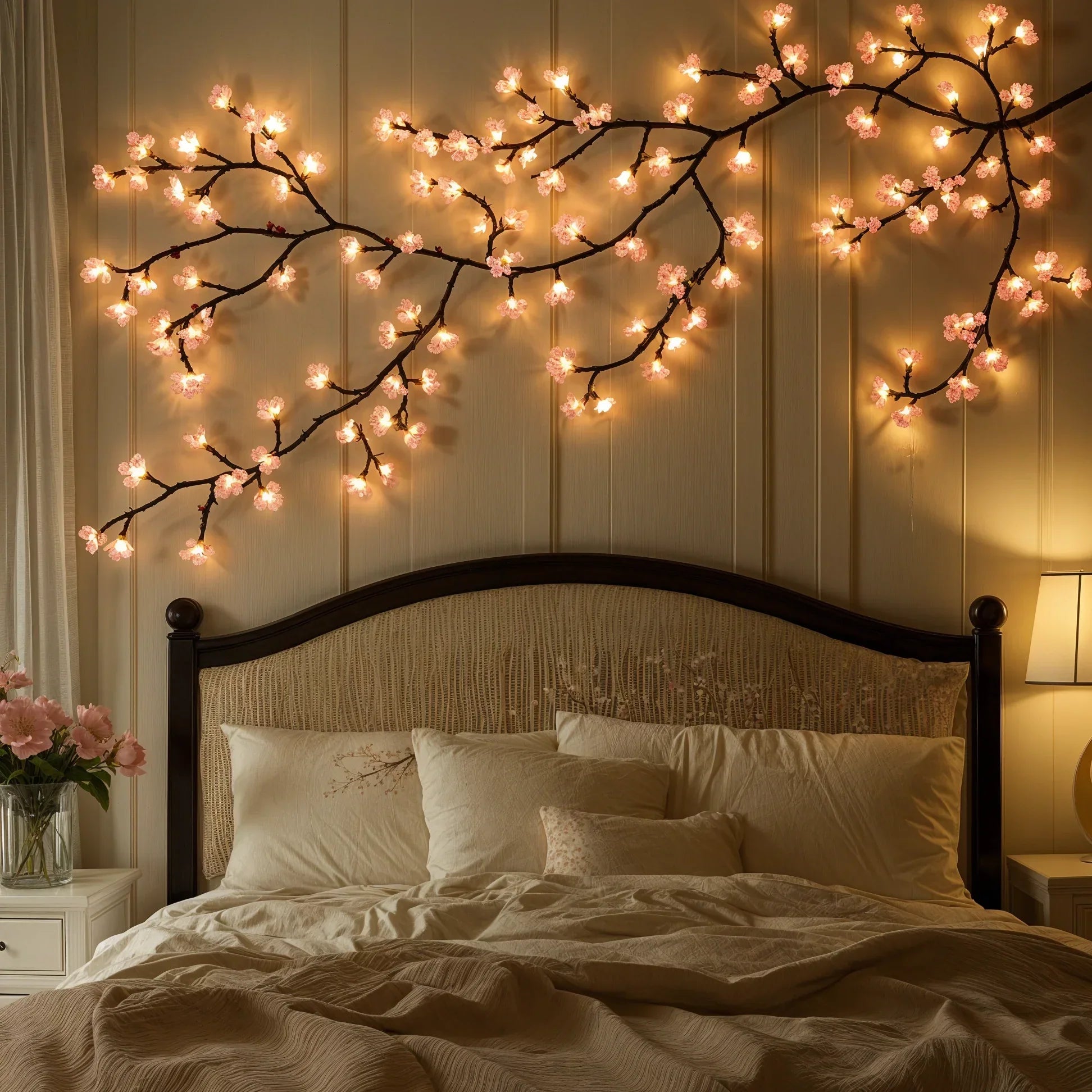 Pink Cherry Blossom LED String Light Vine for Indoor Home Decor – 63-Inch Hanging Floral Lights with 72 Warm White & Blush LEDs | Thomler