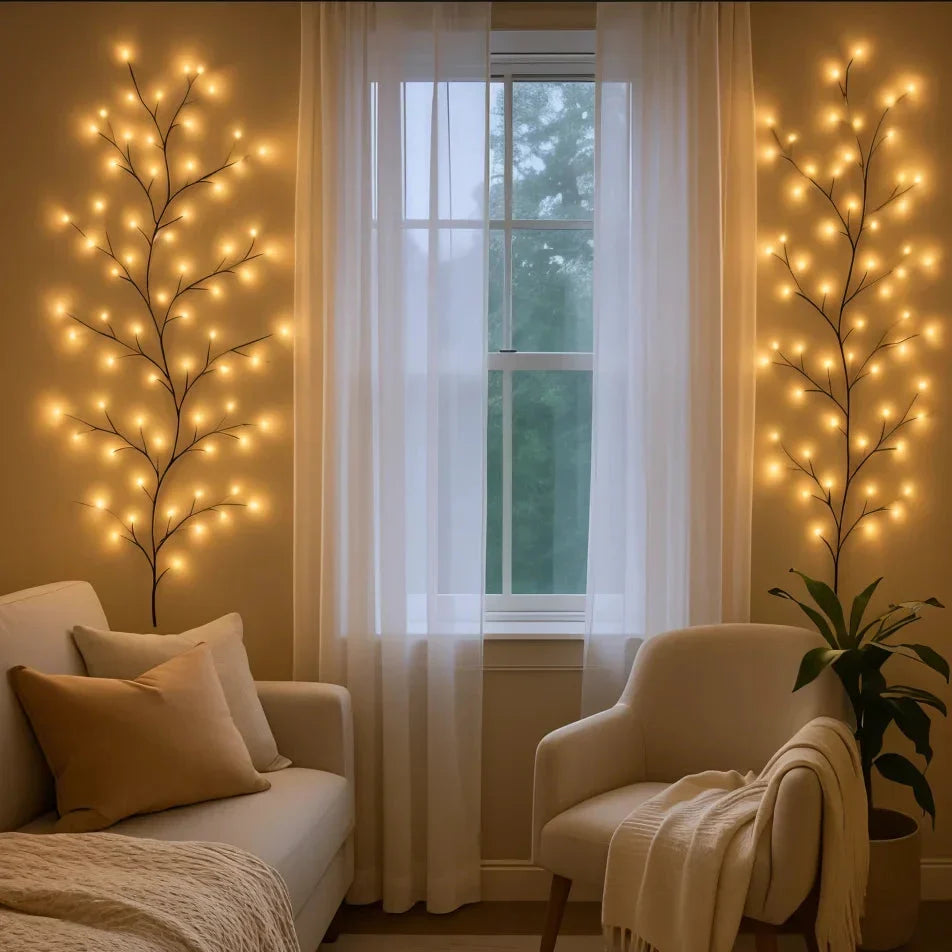 LED Lighted Willow Branch Wall Lamp Warm White Glow with Remote Dimmable Timer Indoor Accent Light for Living Room Bedroom Decor Home | Thomler