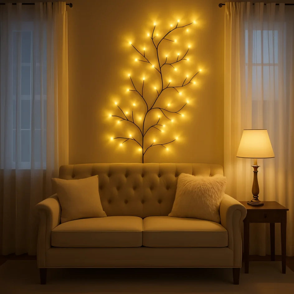 LED Lighted Willow Branch Wall Lamp Warm White Glow with Remote Dimmable Timer Indoor Accent Light for Living Room Bedroom Decor Home | Thomler