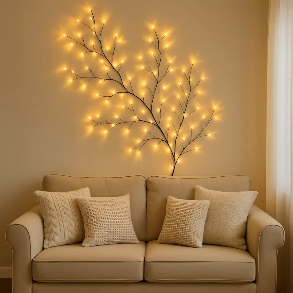 LED Lighted Willow Branch Wall Lamp Warm White Glow with Remote Dimmable Timer Indoor Accent Light for Living Room Bedroom Decor Home | Thomler