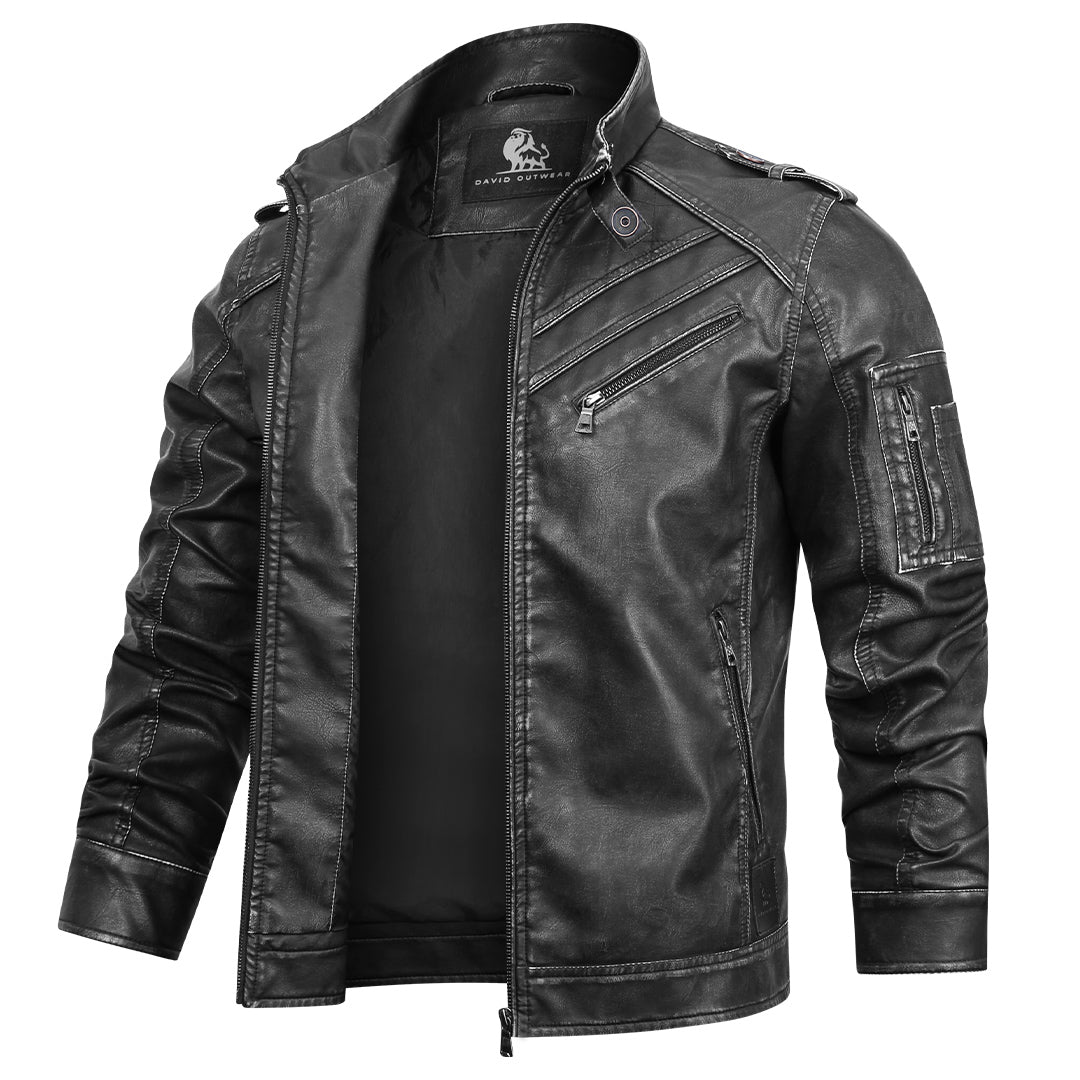 Faux Leather Motorcycle Jacket with Embroidered Details for Men – Black Biker Style Outerwear | Thomler