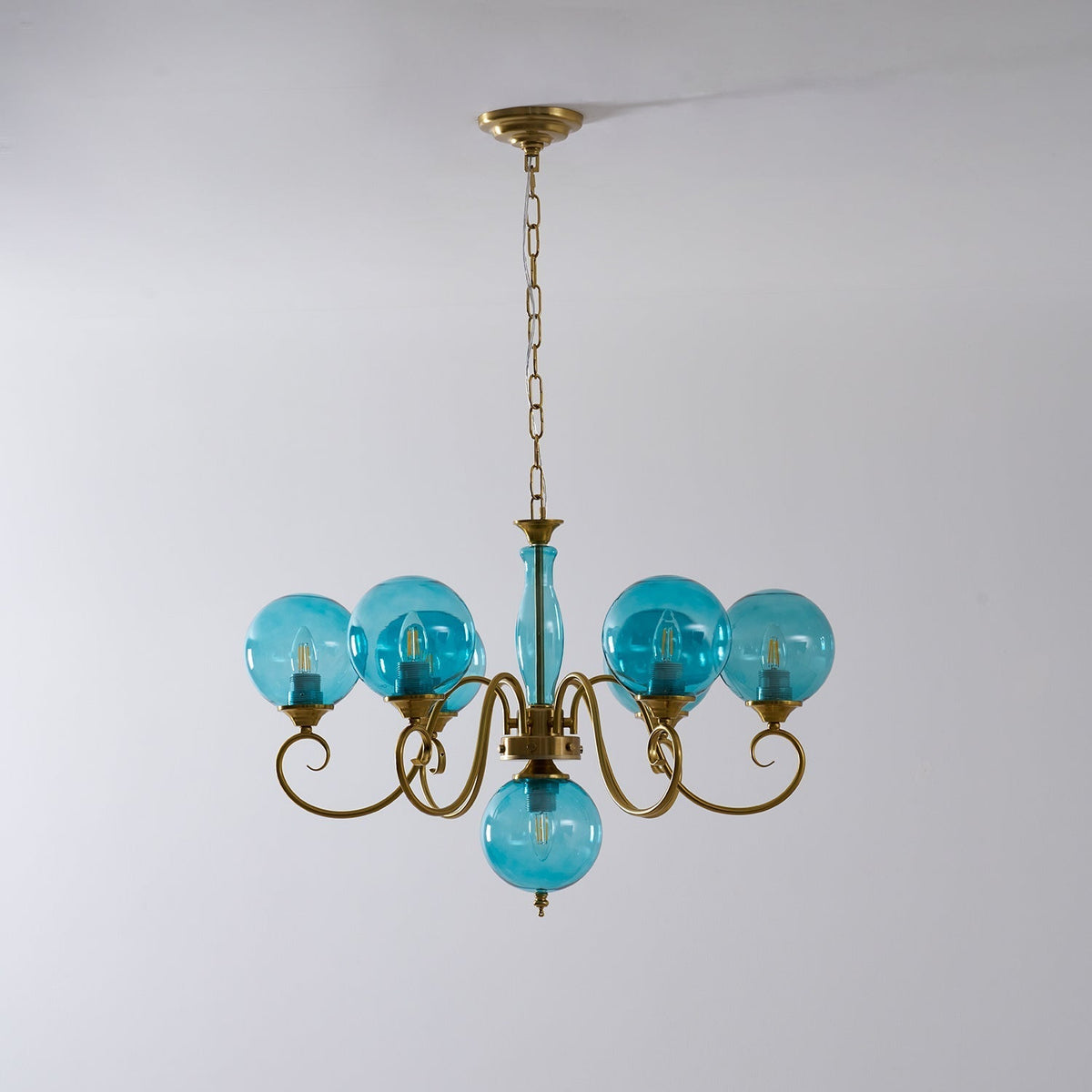 Handcrafted Glass Globe Chandelier with Aged Brass Frame – Multi-Arm Mid-Century Statement Light Fixture | Thomler