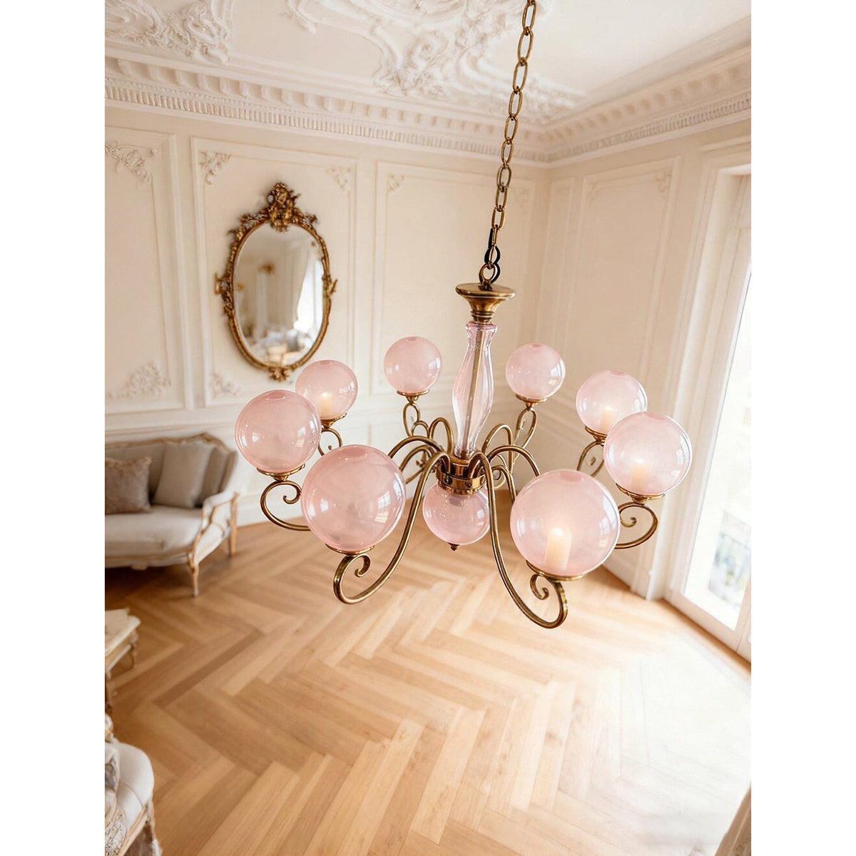 Handcrafted Glass Globe Chandelier with Aged Brass Frame – Multi-Arm Mid-Century Statement Light Fixture | Thomler