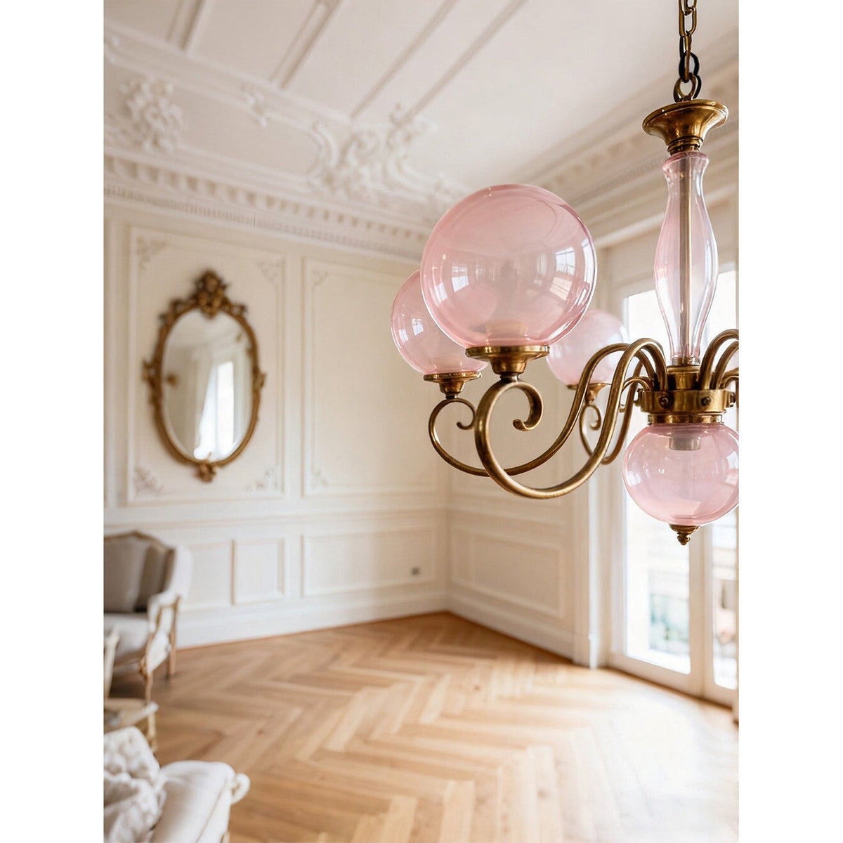 Handcrafted Glass Globe Chandelier with Aged Brass Frame – Multi-Arm Mid-Century Statement Light Fixture | Thomler