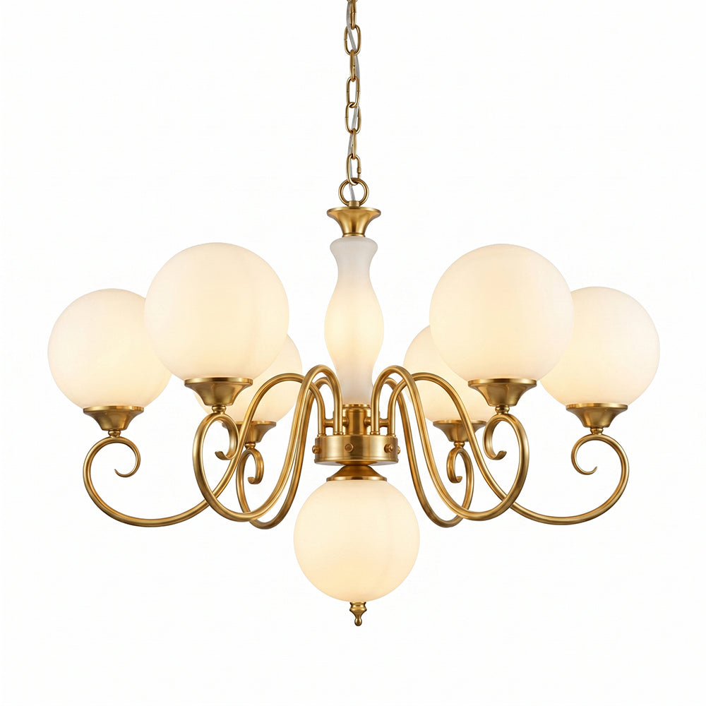 Handcrafted Glass Globe Chandelier with Aged Brass Frame – Multi-Arm Mid-Century Statement Light Fixture | Thomler