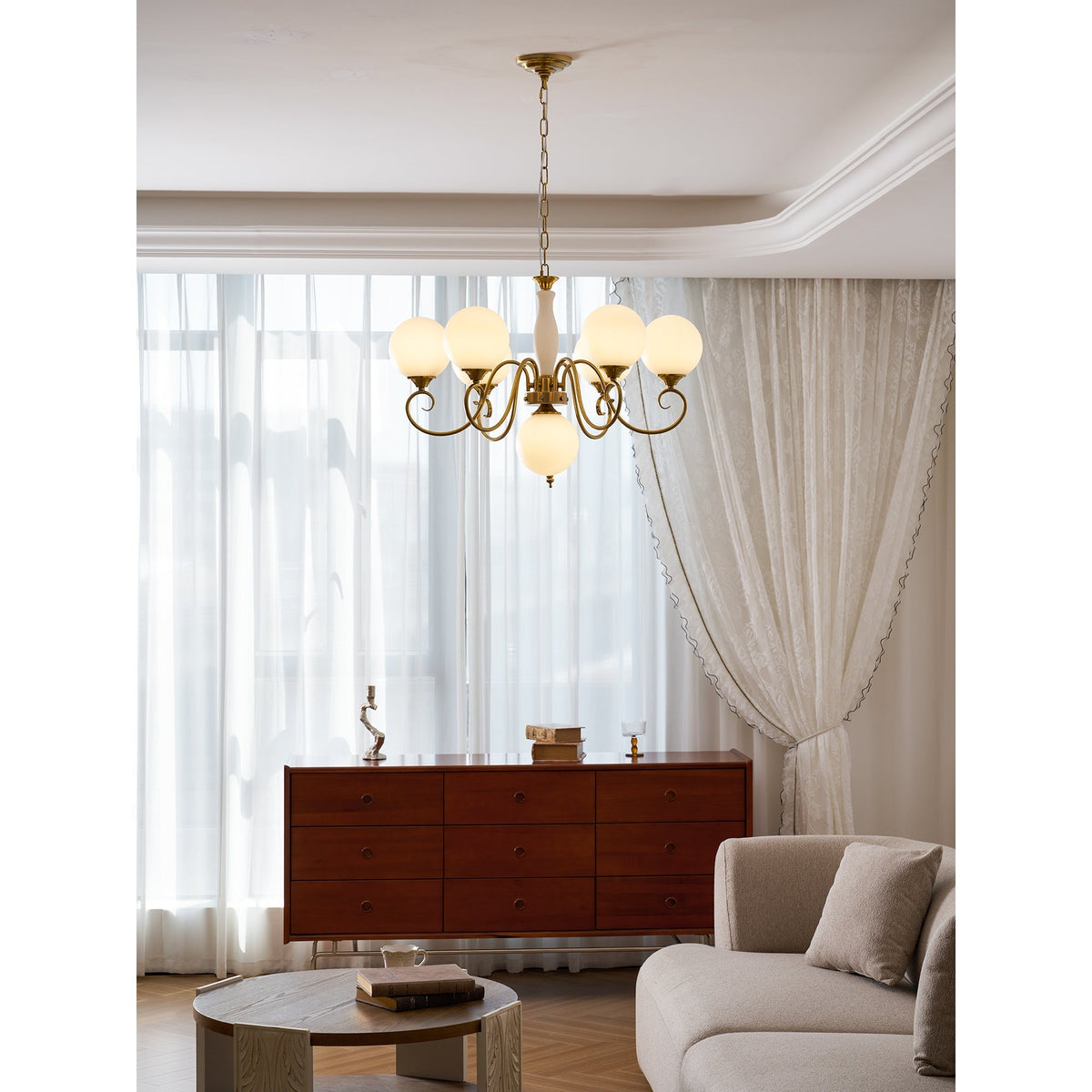 Handcrafted Glass Globe Chandelier with Aged Brass Frame – Multi-Arm Mid-Century Statement Light Fixture | Thomler