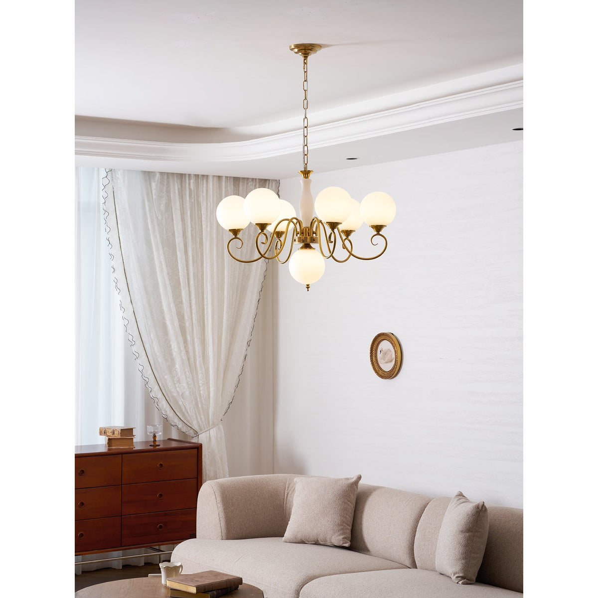 Handcrafted Glass Globe Chandelier with Aged Brass Frame – Multi-Arm Mid-Century Statement Light Fixture | Thomler
