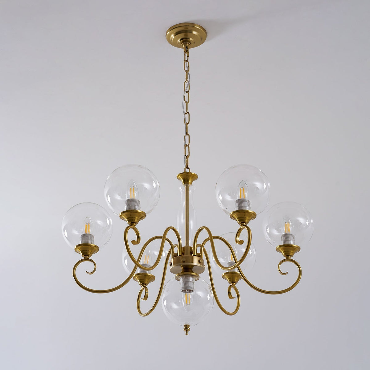 Handcrafted Glass Globe Chandelier with Aged Brass Frame – Multi-Arm Mid-Century Statement Light Fixture | Thomler