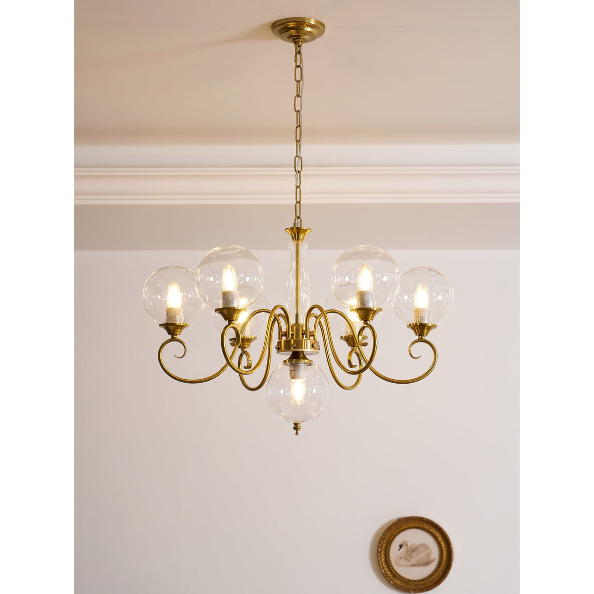 Handcrafted Glass Globe Chandelier with Aged Brass Frame – Multi-Arm Mid-Century Statement Light Fixture | Thomler