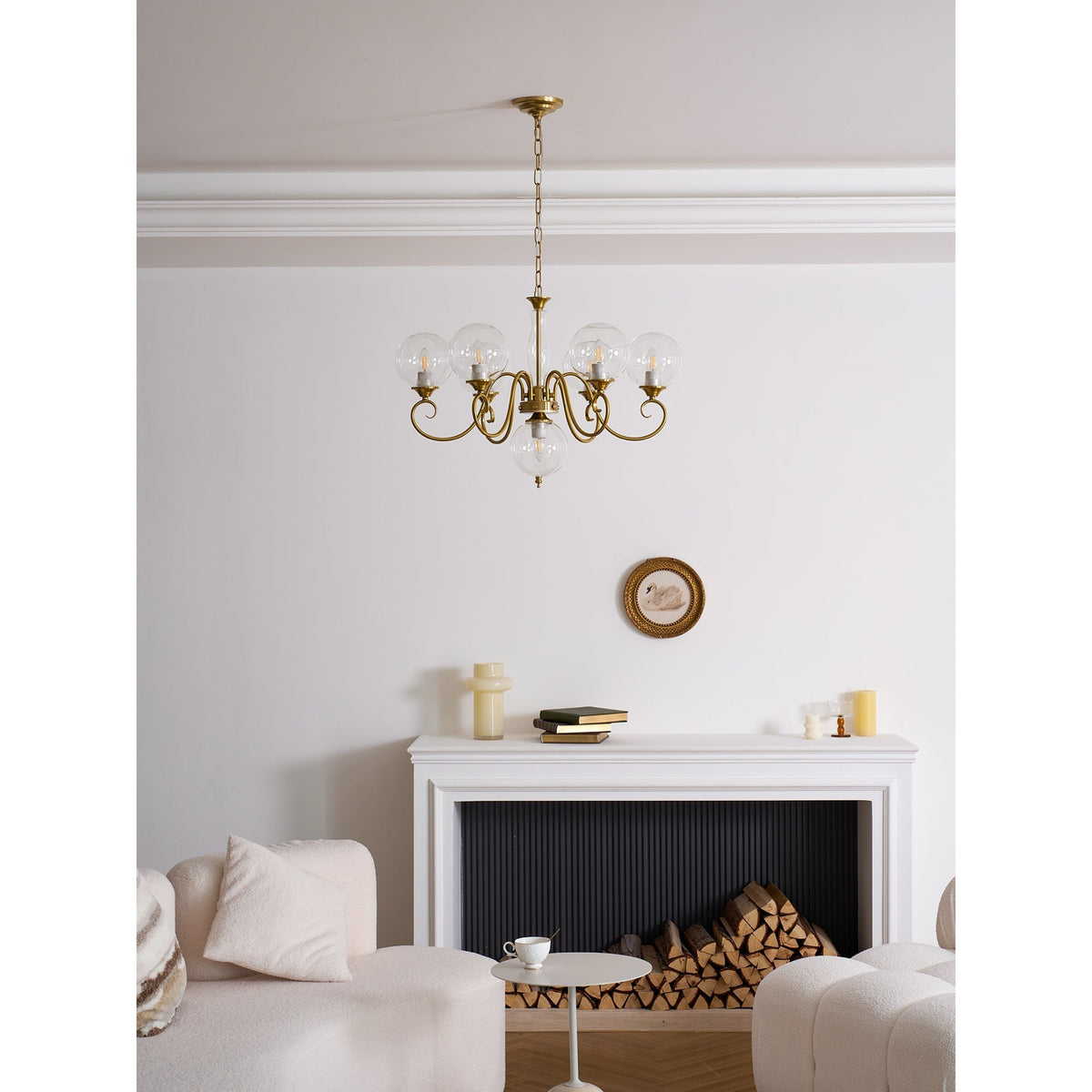 Handcrafted Glass Globe Chandelier with Aged Brass Frame – Multi-Arm Mid-Century Statement Light Fixture | Thomler