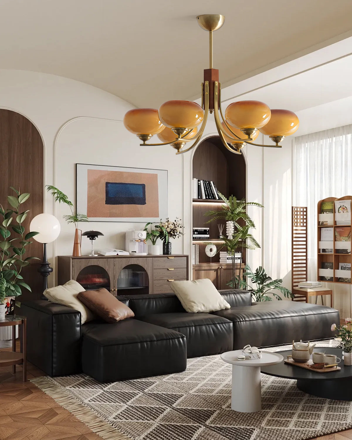 Amber Globe Multi-Light Ceiling Fixture with Walnut Accents – Modern Suspended Orb Lighting for Dining Room & Entryway | Thomler