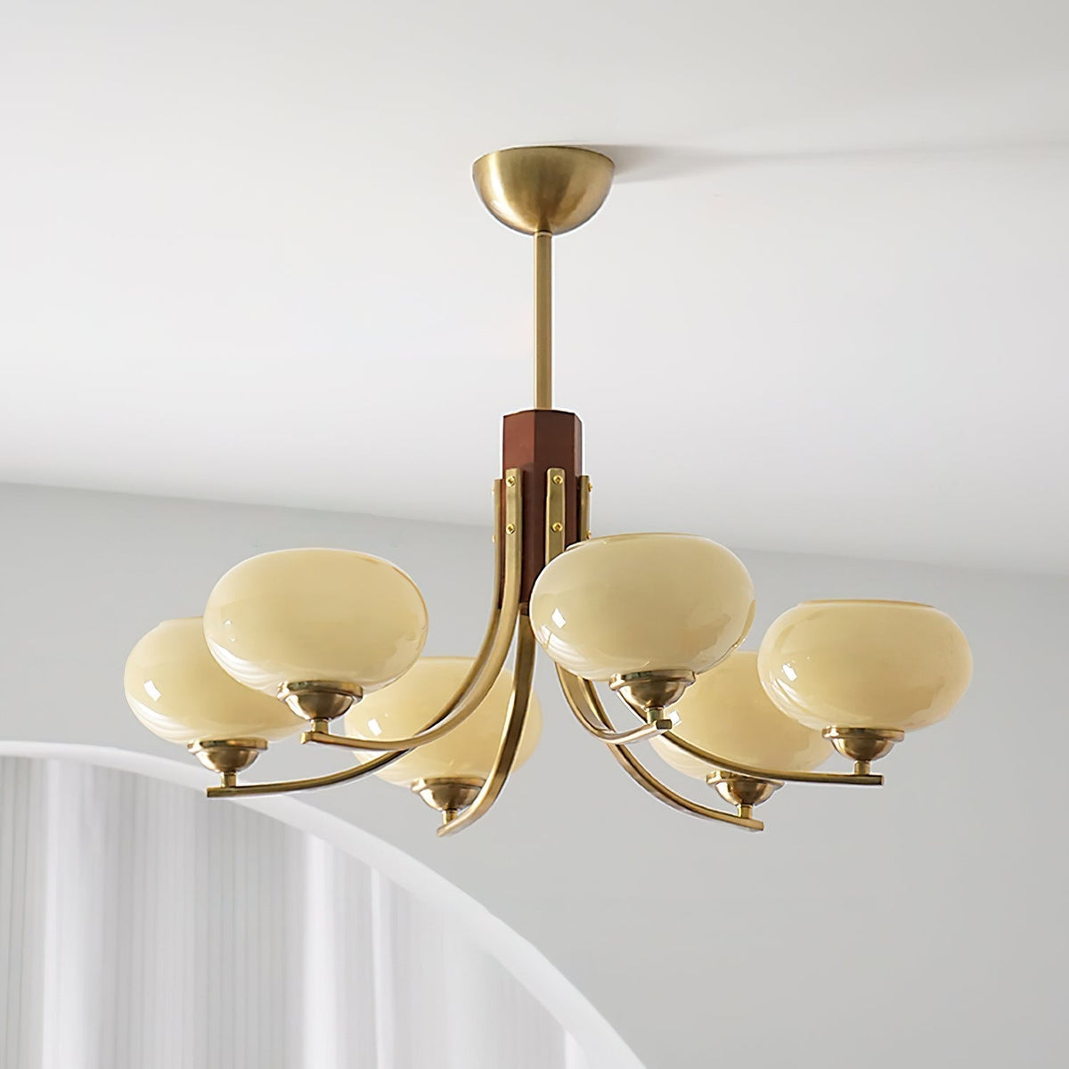 Amber Globe Multi-Light Ceiling Fixture with Walnut Accents – Modern Suspended Orb Lighting for Dining Room & Entryway | Thomler