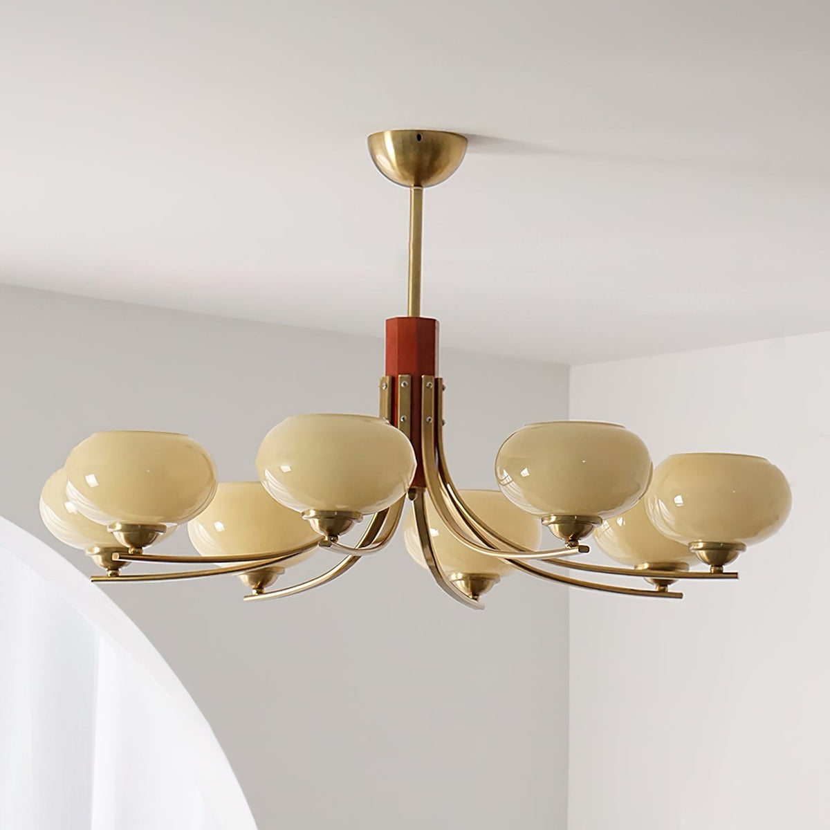 Amber Globe Multi-Light Ceiling Fixture with Walnut Accents – Modern Suspended Orb Lighting for Dining Room & Entryway | Thomler