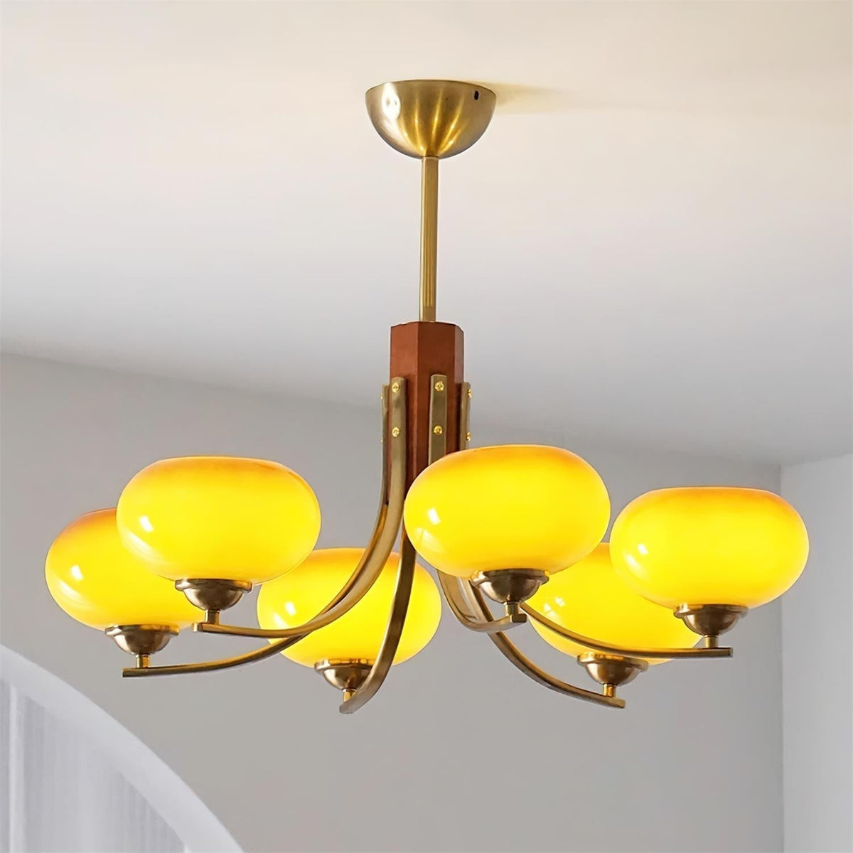 Amber Globe Multi-Light Ceiling Fixture with Walnut Accents – Modern Suspended Orb Lighting for Dining Room & Entryway | Thomler