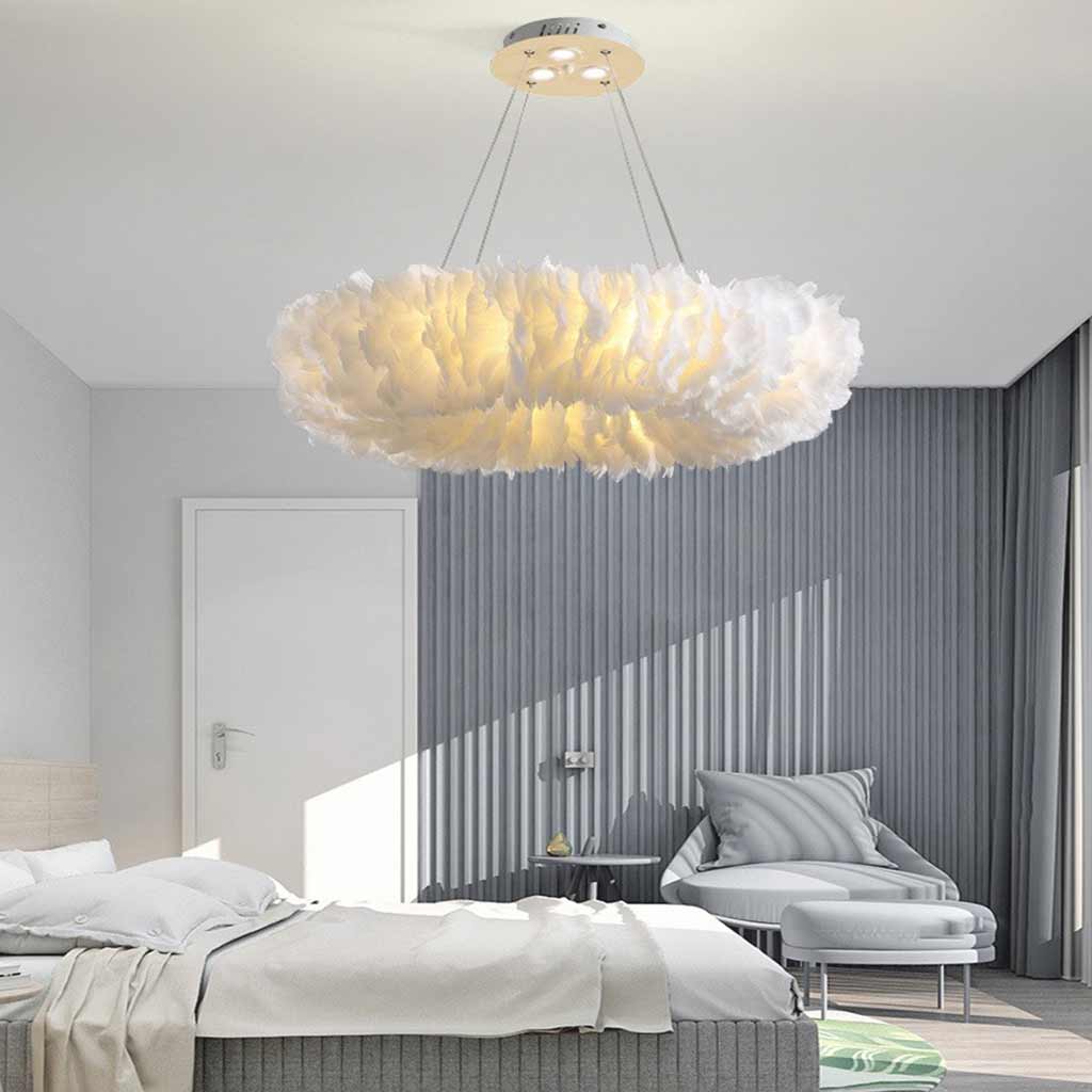 Pendant Light Feather Ring 19.7 in Adjustable Pink Bedroom Ceiling Lamp Soft Fluffy Nordic Minimalist Lighting | Thomler