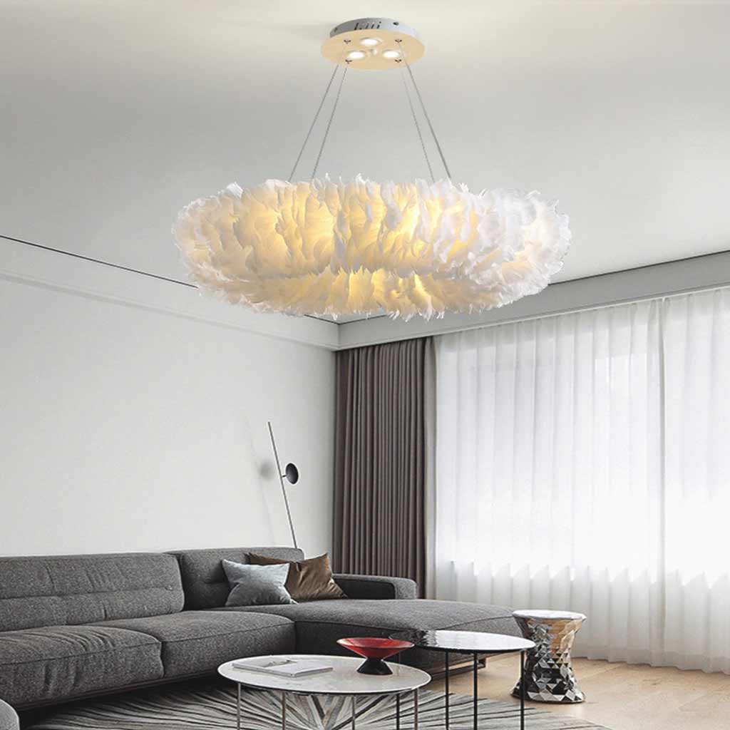 Pendant Light Feather Ring 19.7 in Adjustable Pink Bedroom Ceiling Lamp Soft Fluffy Nordic Minimalist Lighting | Thomler