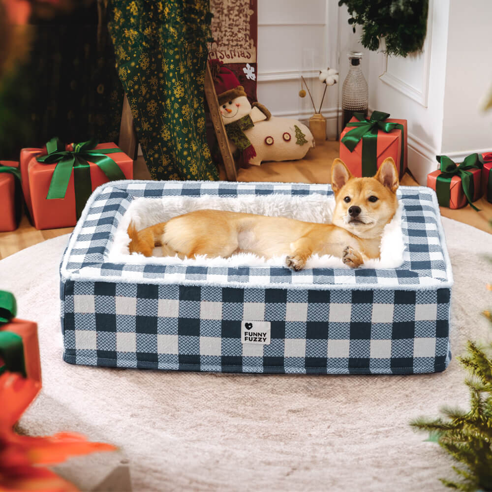 Plaid Raised-Edge Dog Bed with Memory Foam Bolster Support for Calming Sleep | Small to Extra Large Sizes | Classic Checkered Pattern Pet | Thomler