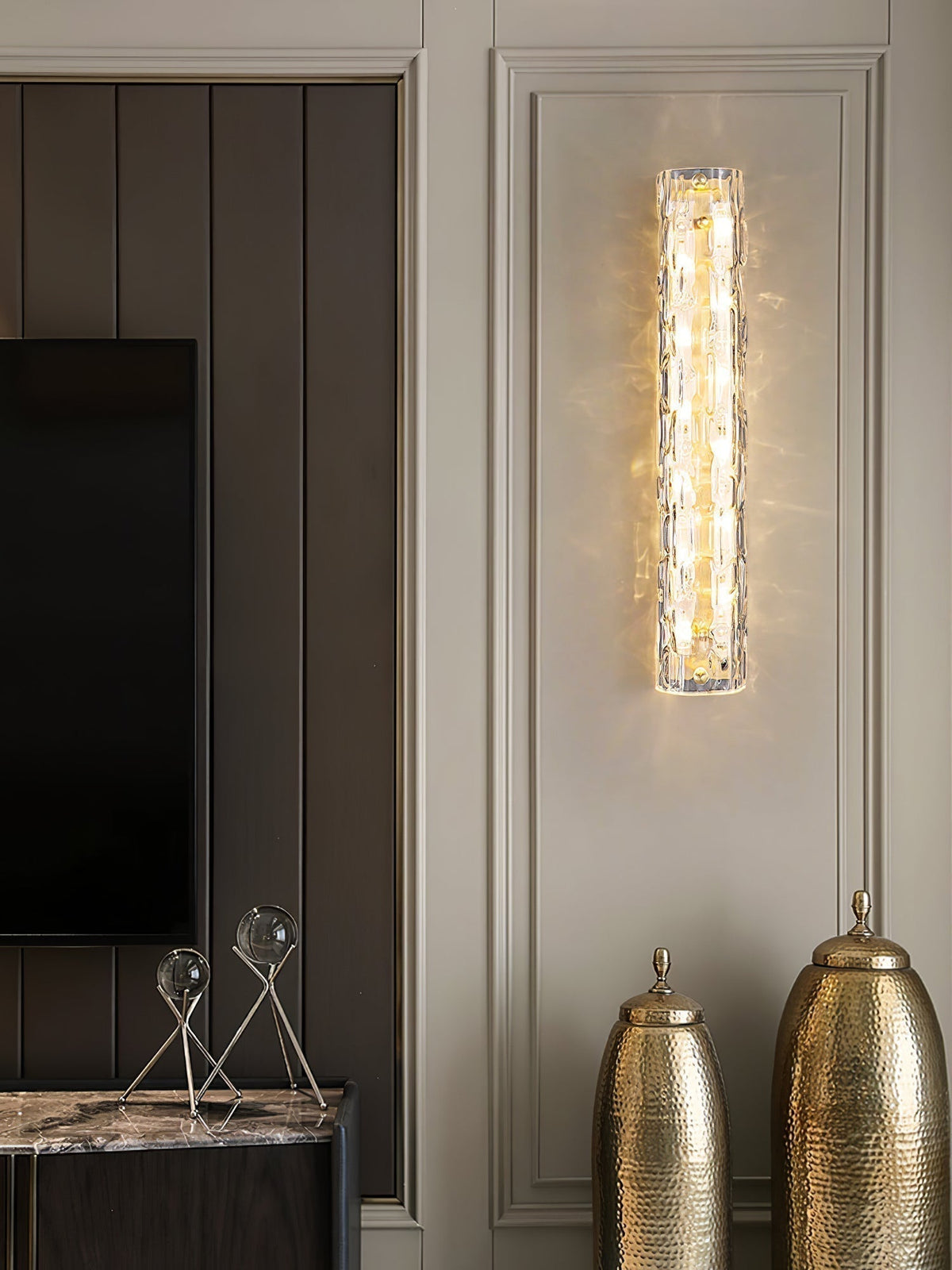 Contemporary Gold Brass & Glass Cylinder Wall Light for Indoor Living Spaces | Thomler